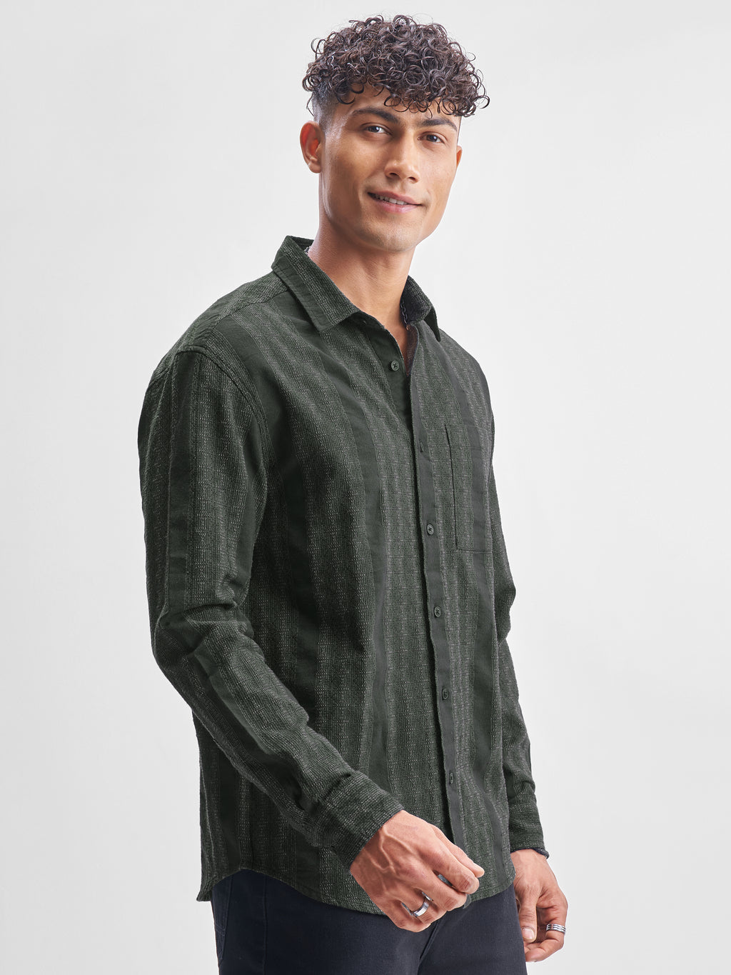 Highlander Men Green Self Design Relaxed Fit Casual Shirt - Green - Image 6