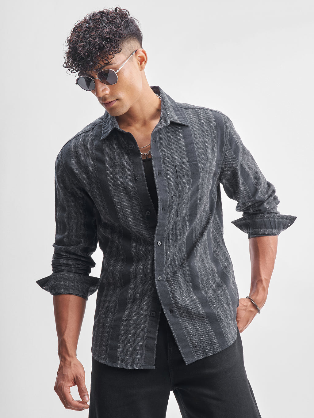 Highlander Men Charcoal Self Design Relaxed Fit Casual Shirt - Charcoal - Image 1