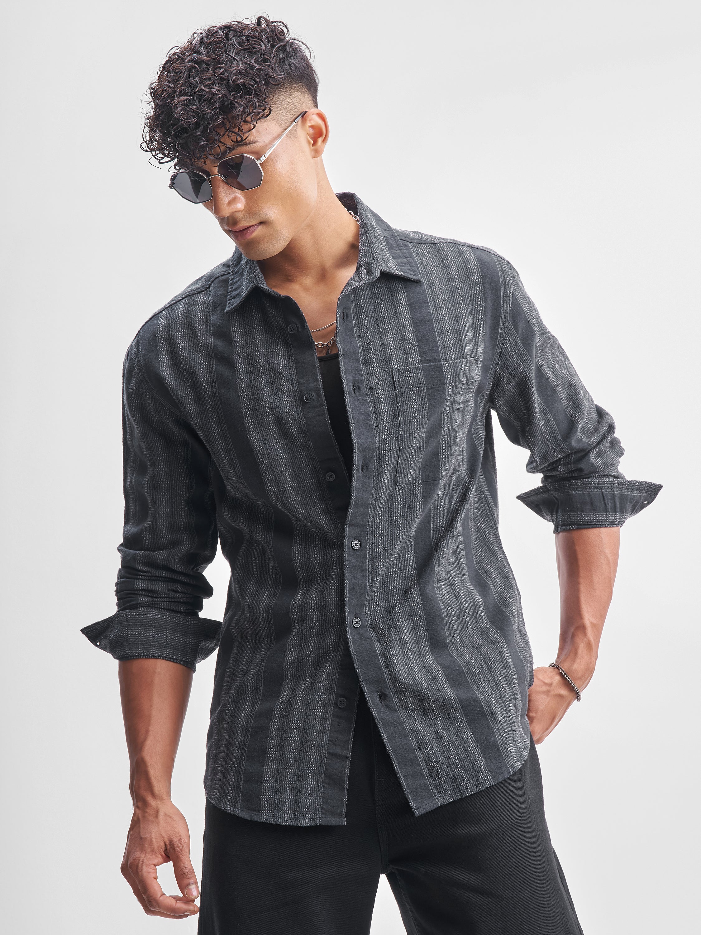 Highlander Men Charcoal Self Design Relaxed Fit Casual Shirt - Charcoal - Image 1