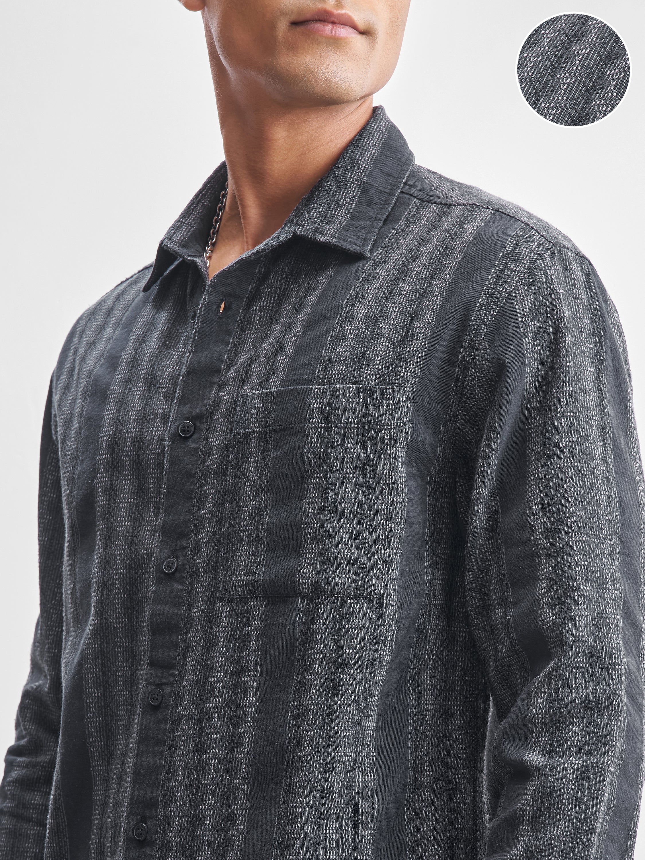 Highlander Men Charcoal Self Design Relaxed Fit Casual Shirt - Charcoal - Image 5