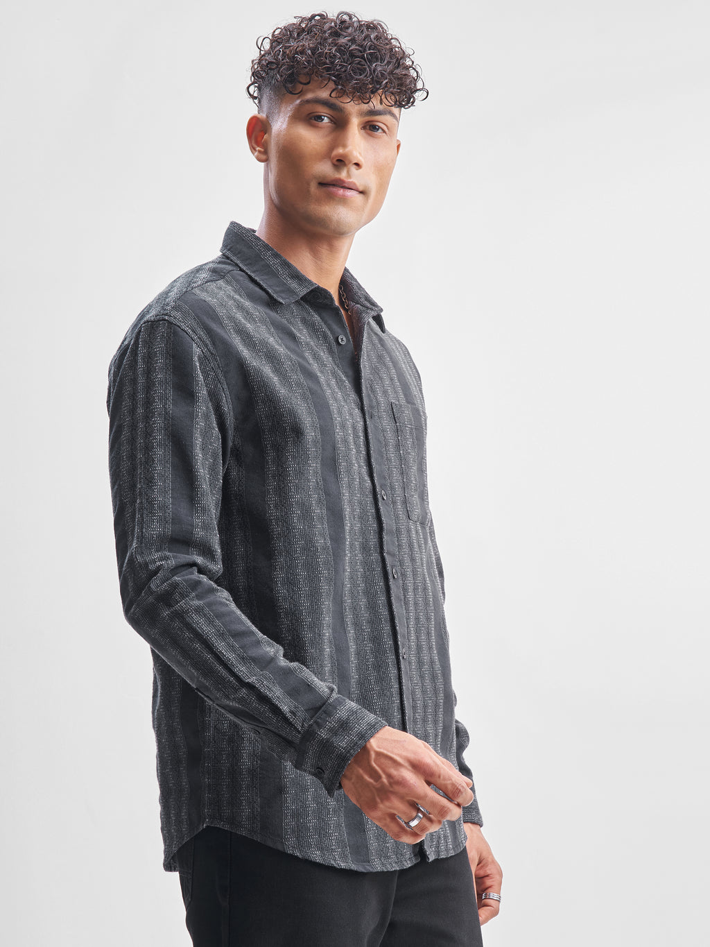 Highlander Men Charcoal Self Design Relaxed Fit Casual Shirt - Charcoal - Image 6