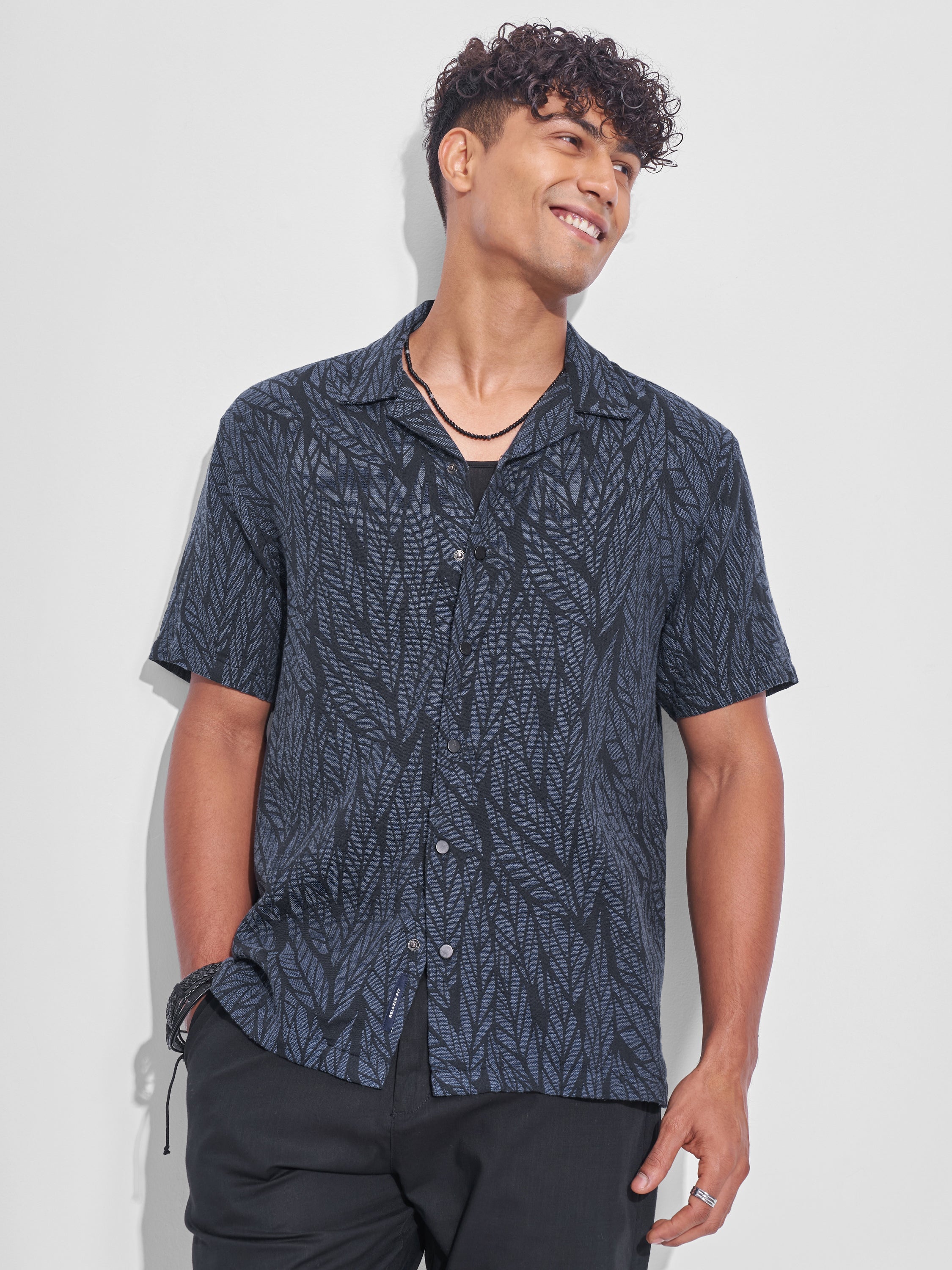 Highlander Men Navy Blue Printed Relaxed Fit Casual Shirt - Navy Blue - Image 1