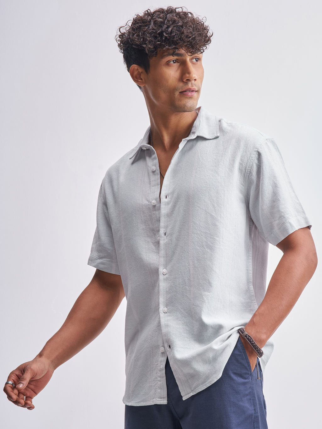 Highlander Men Grey Self Design Relaxed Fit Casual Shirt - Grey - Image 4