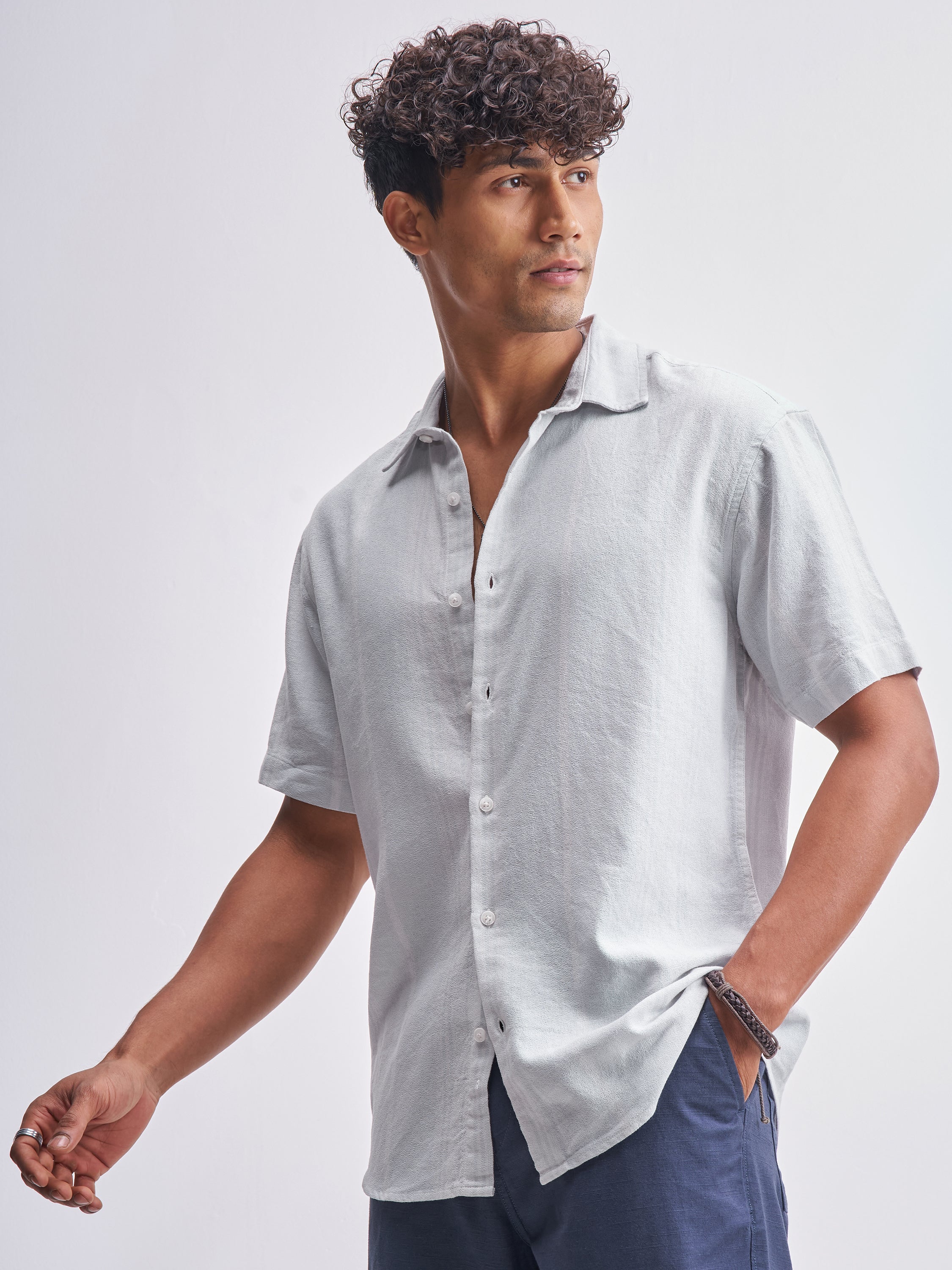 Highlander Men Grey Self Design Relaxed Fit Casual Shirt - Grey - Image 4