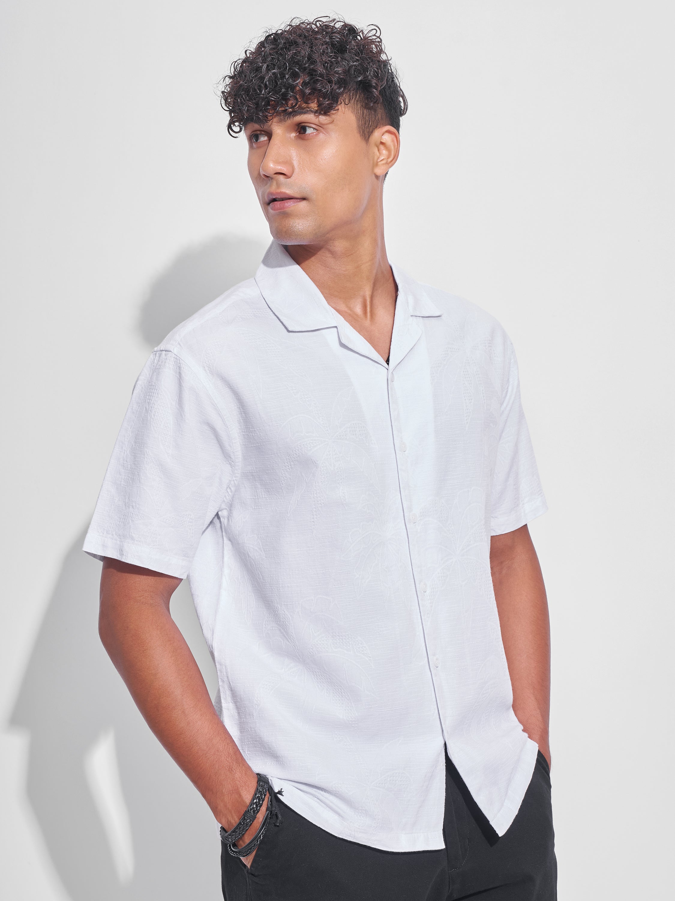 Highlander Men White Self Design Relaxed Fit Casual Shirt - White - Image 6