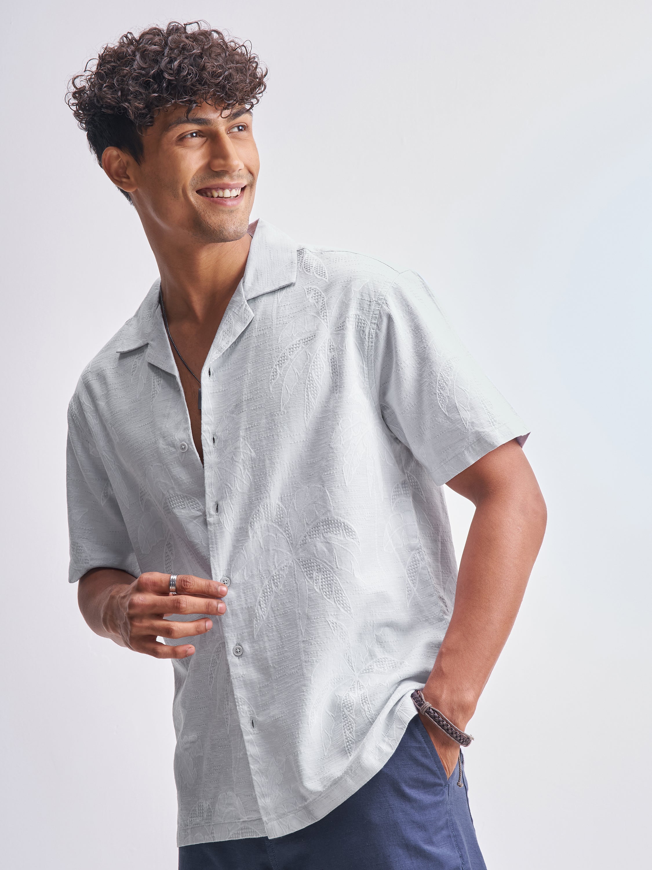 Highlander Men Grey Self Design Relaxed Fit Casual Shirt - Grey - Image 4