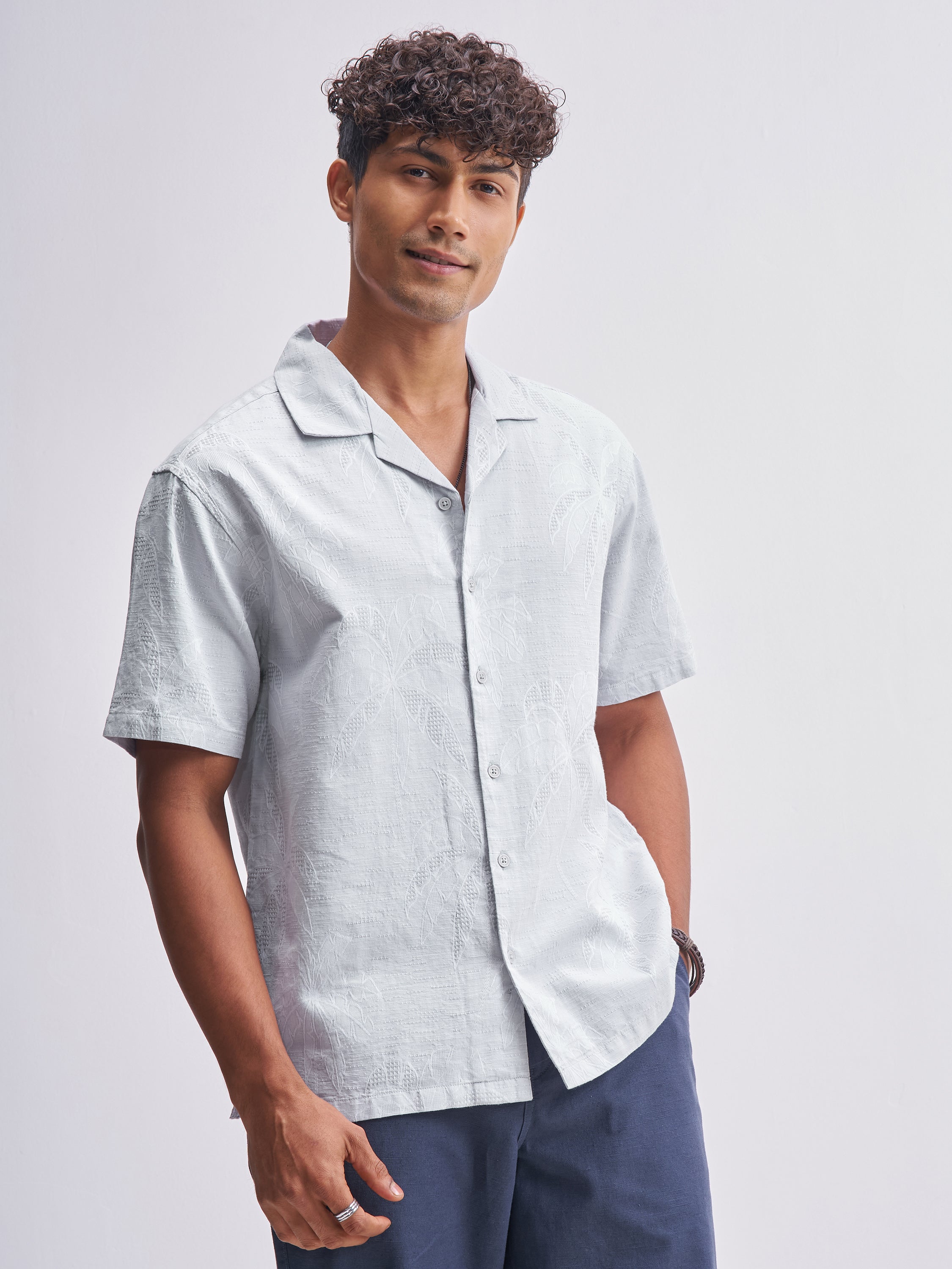 Highlander Men Grey Self Design Relaxed Fit Casual Shirt - Grey - Image 6