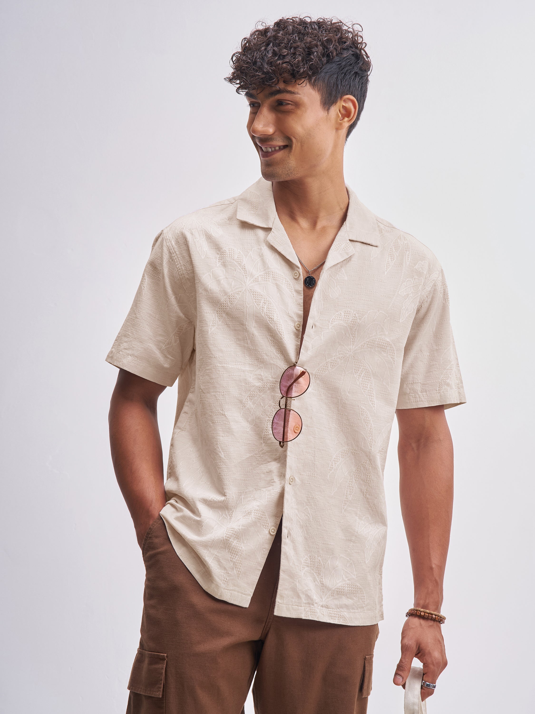Highlander Men Beige Self Design Relaxed Fit Casual Shirt - Beige - Image 1