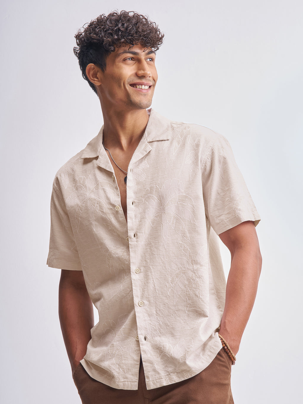 Highlander Men Beige Self Design Relaxed Fit Casual Shirt - Beige - Image 4