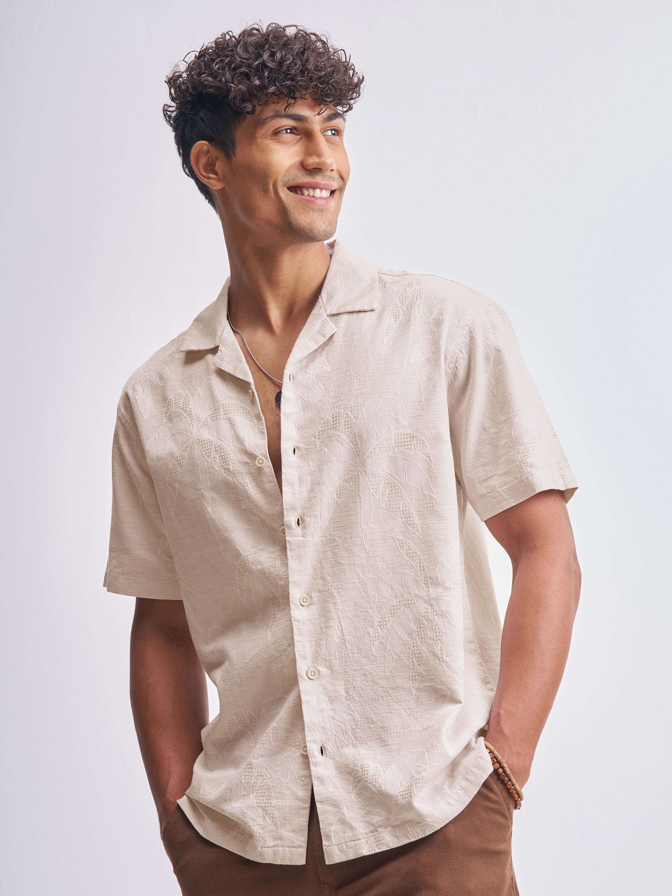 Highlander Men Beige Self Design Relaxed Fit Casual Shirt - Beige - Image 4
