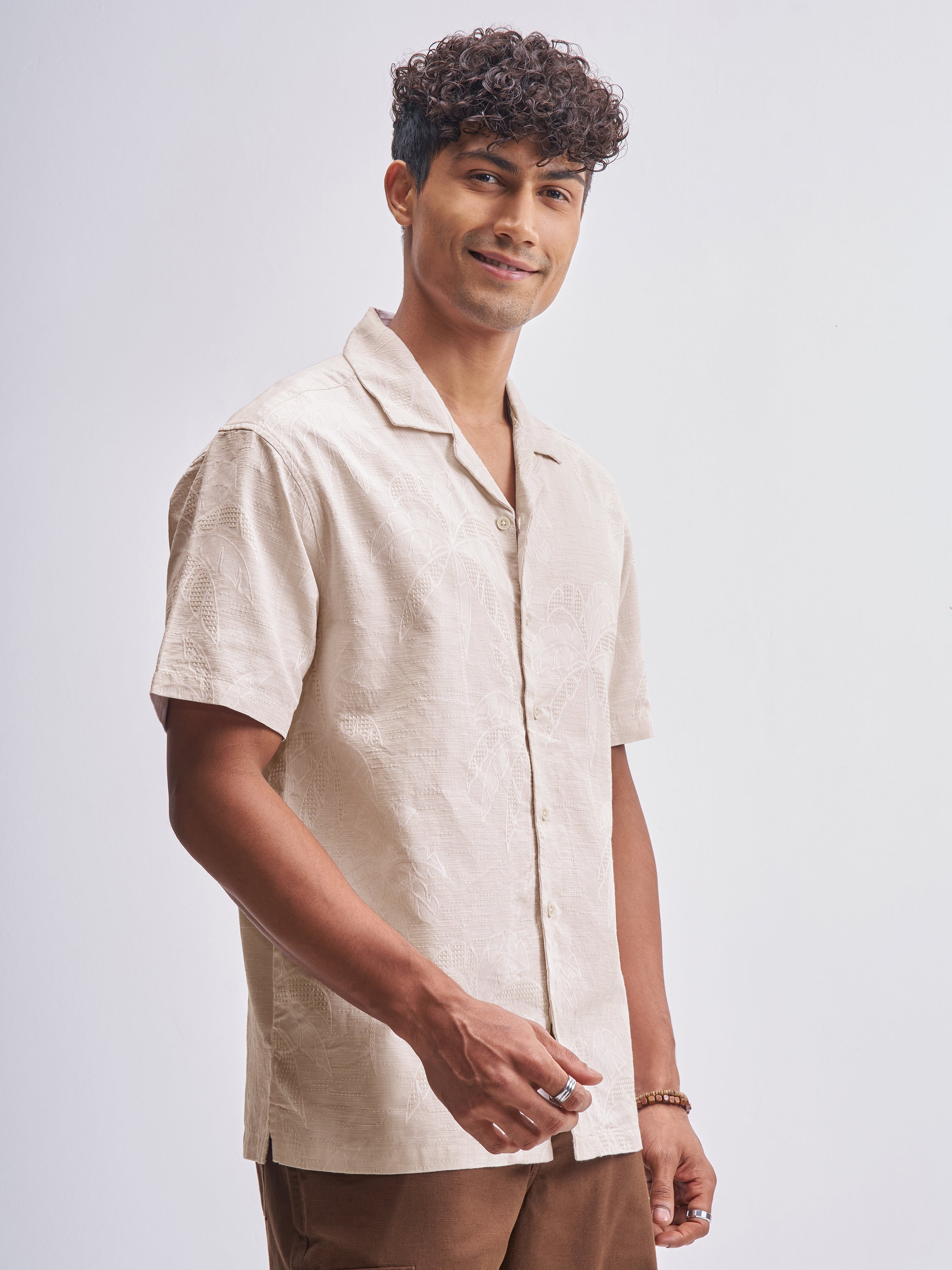 Highlander Men Beige Self Design Relaxed Fit Casual Shirt - Beige - Image 6