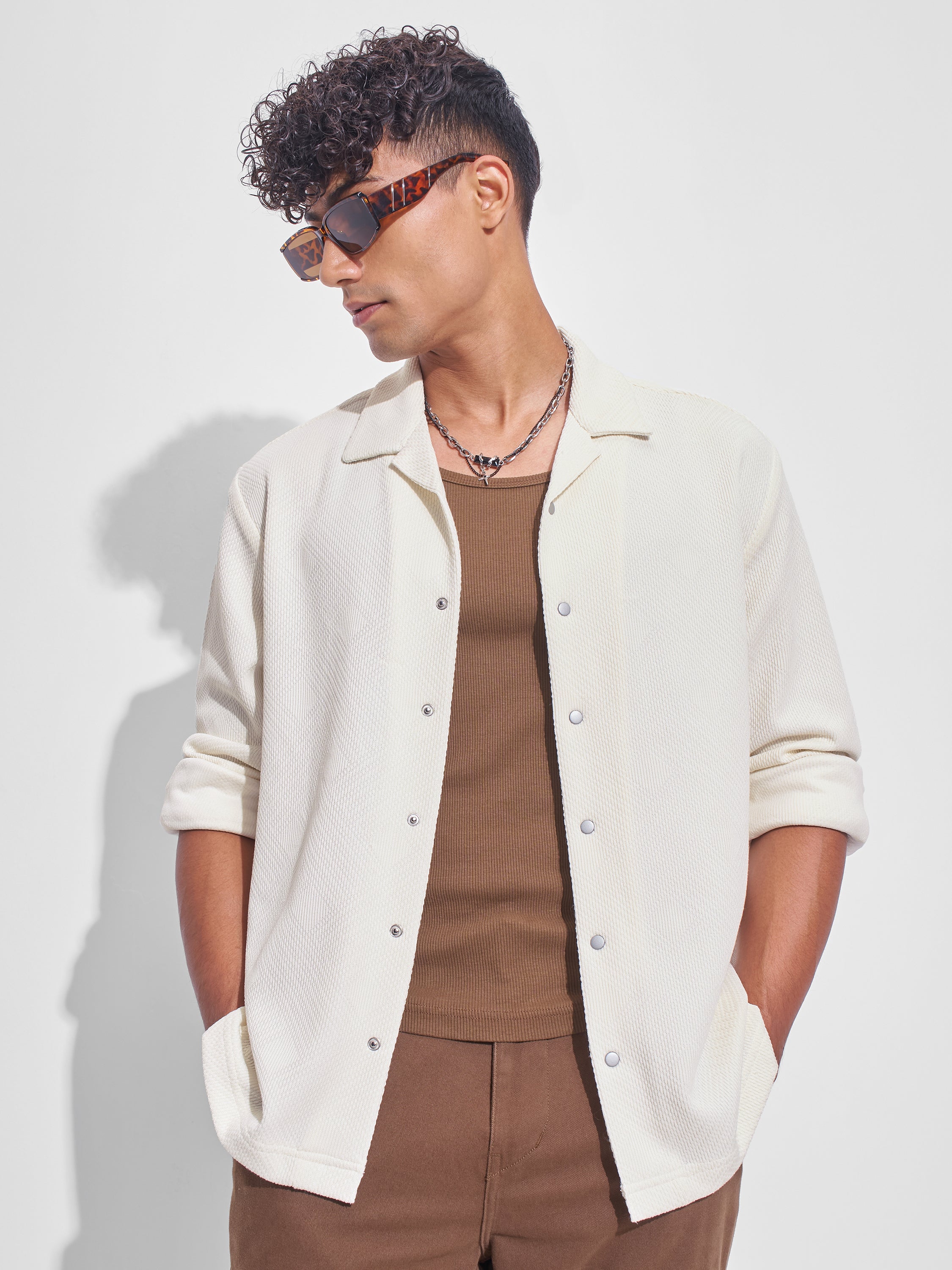 Highlander Men Cream Self Design Oversized Fit Casual Shirt - Cream - Image 1