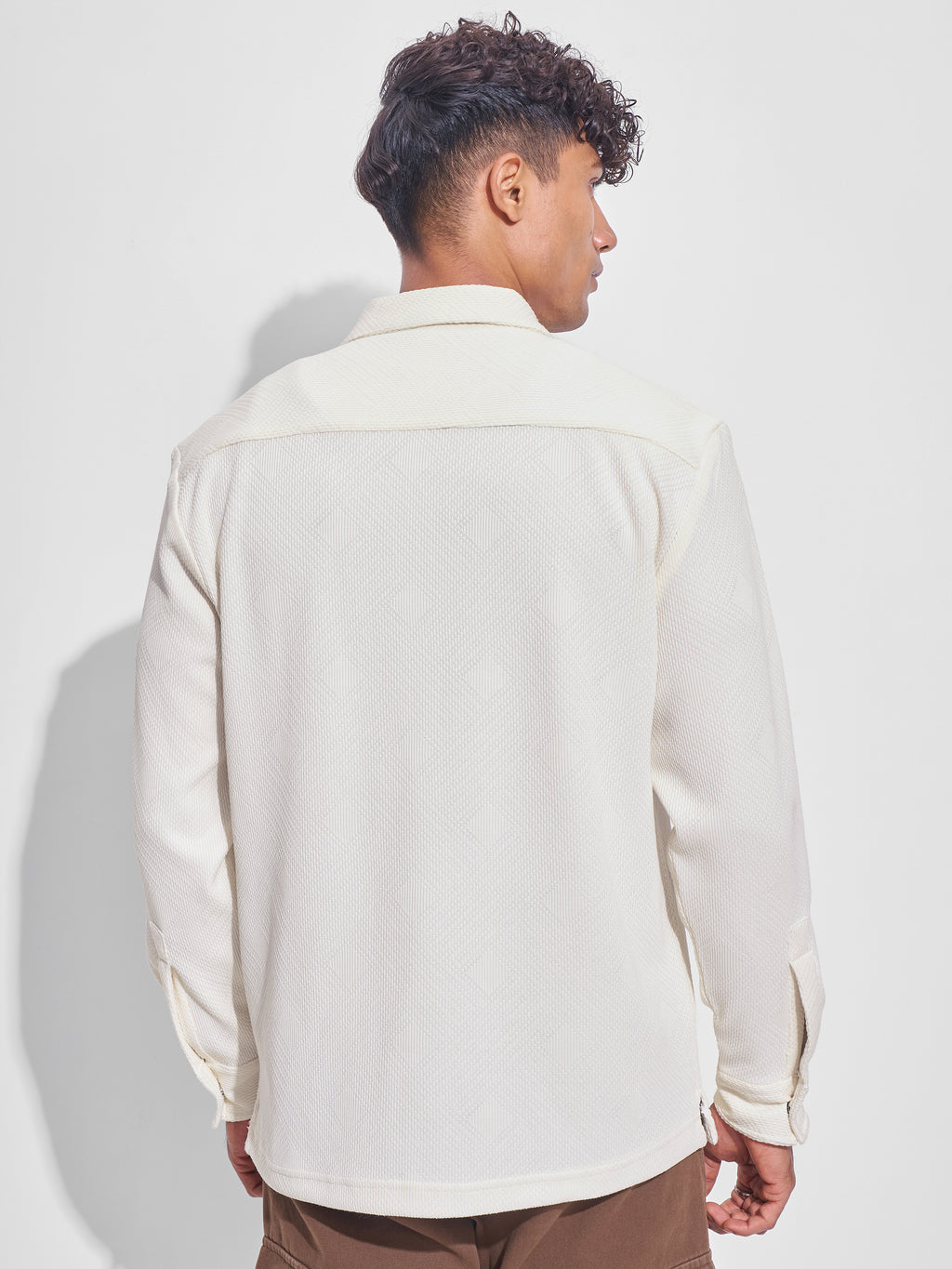Highlander Men Cream Self Design Oversized Fit Casual Shirt - Cream - Image 3