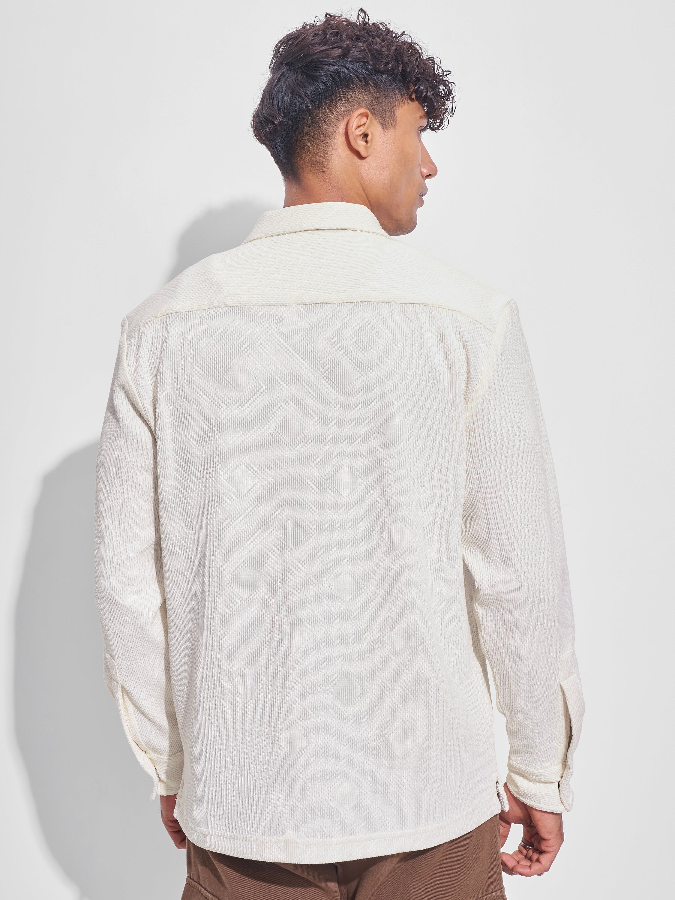 Highlander Men Cream Self Design Oversized Fit Casual Shirt - Cream - Image 3
