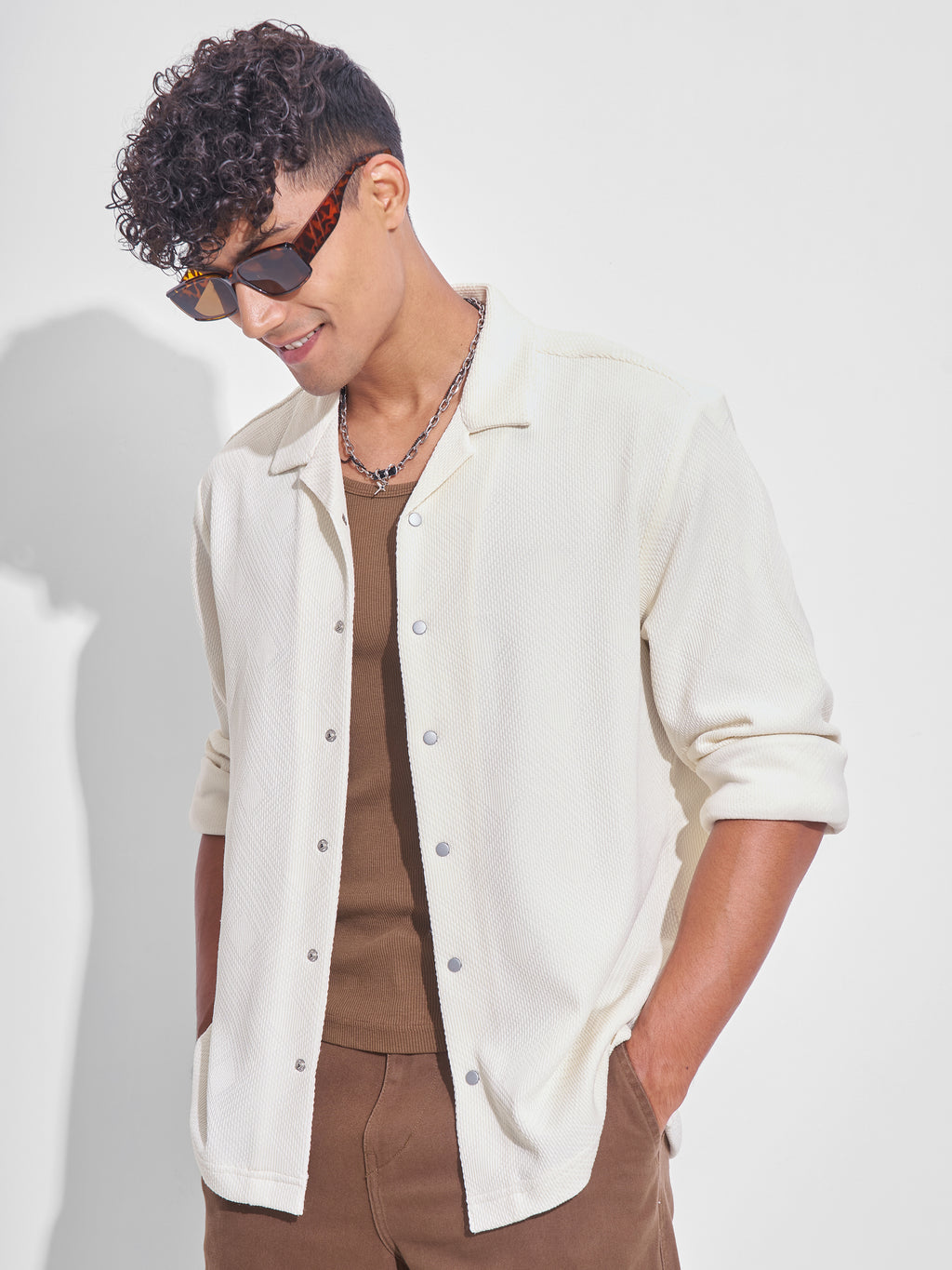 Highlander Men Cream Self Design Oversized Fit Casual Shirt - Cream - Image 4
