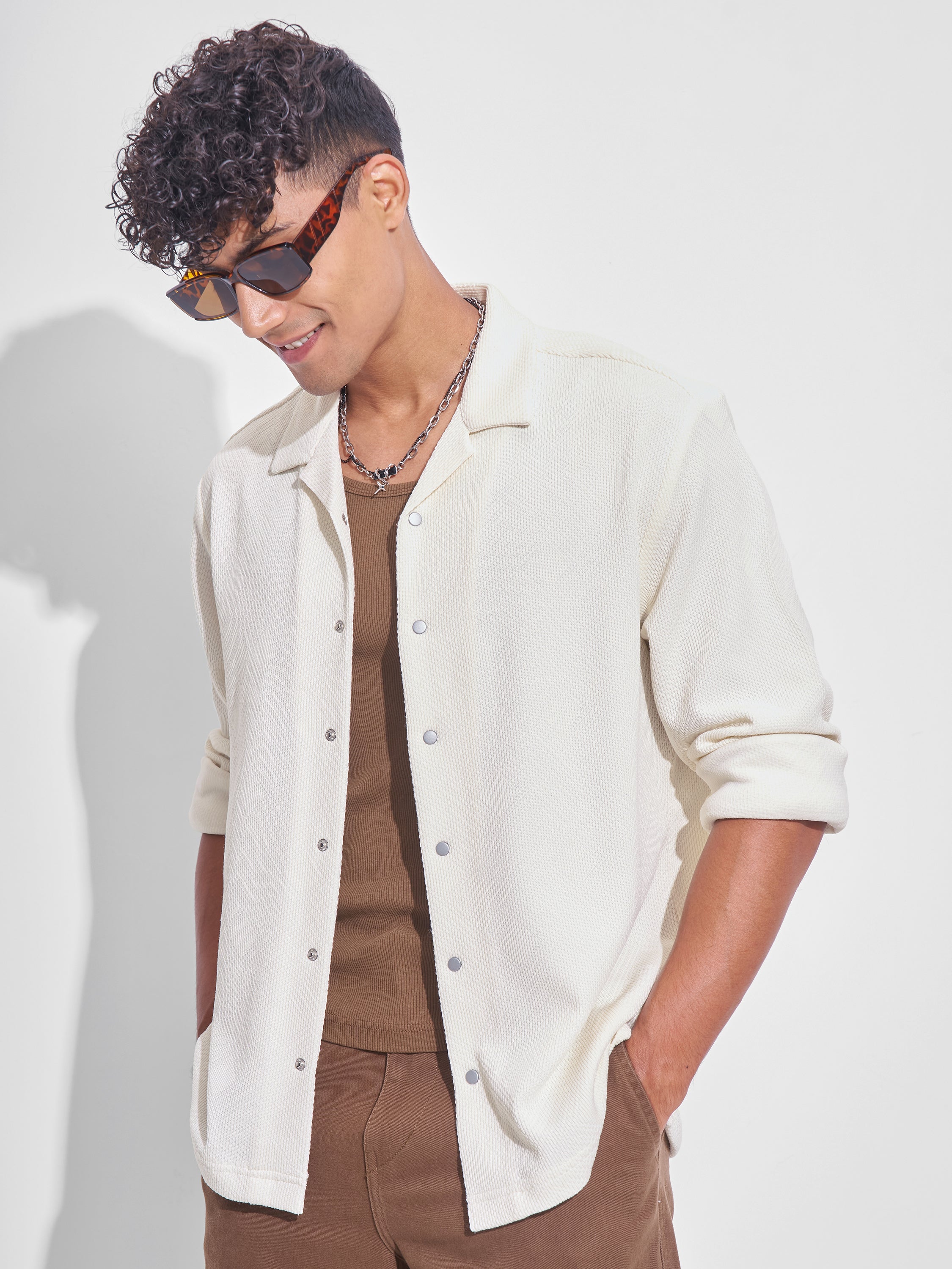 Highlander Men Cream Self Design Oversized Fit Casual Shirt - Cream - Image 4