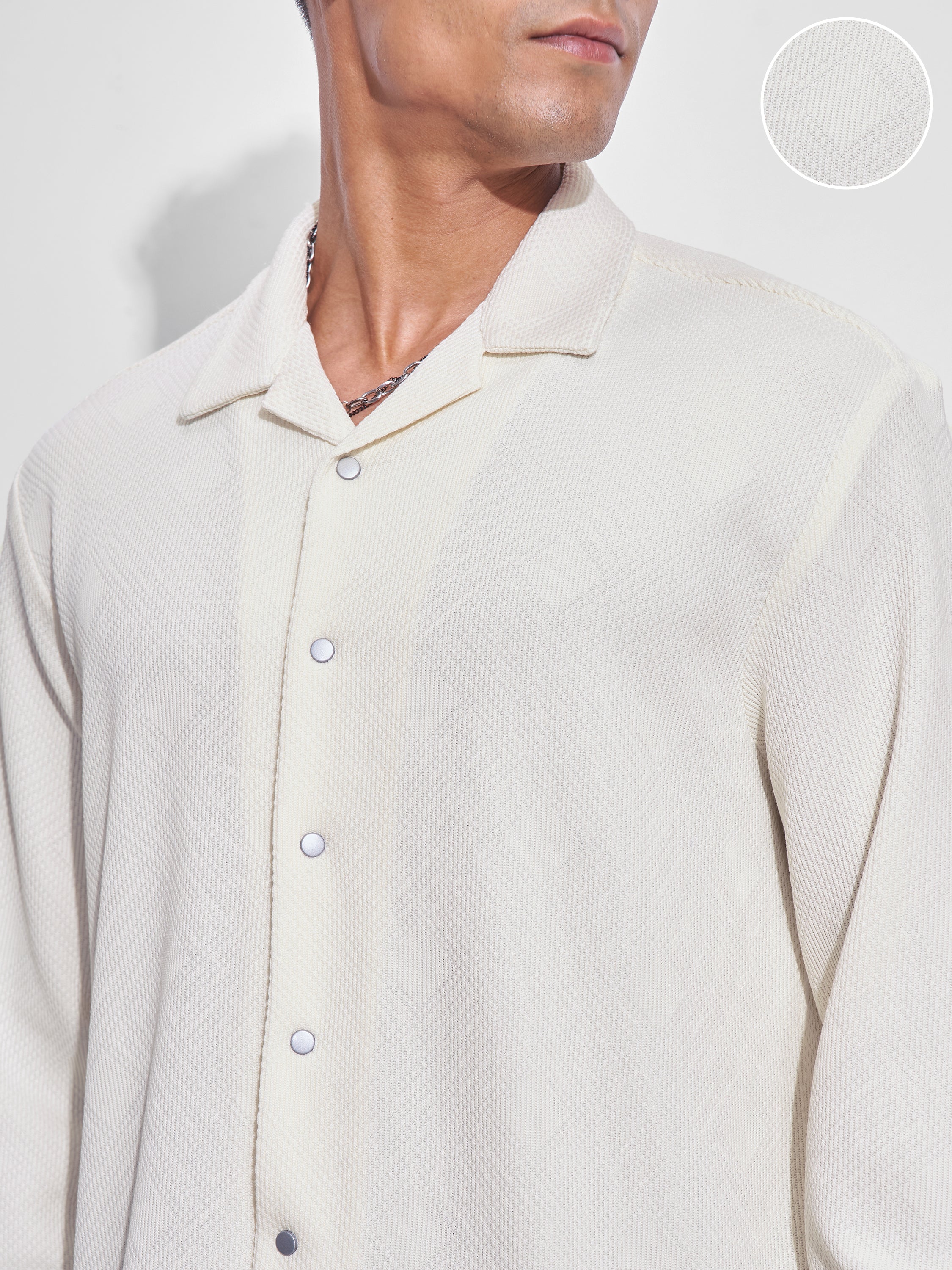 Highlander Men Cream Self Design Oversized Fit Casual Shirt - Cream - Image 5