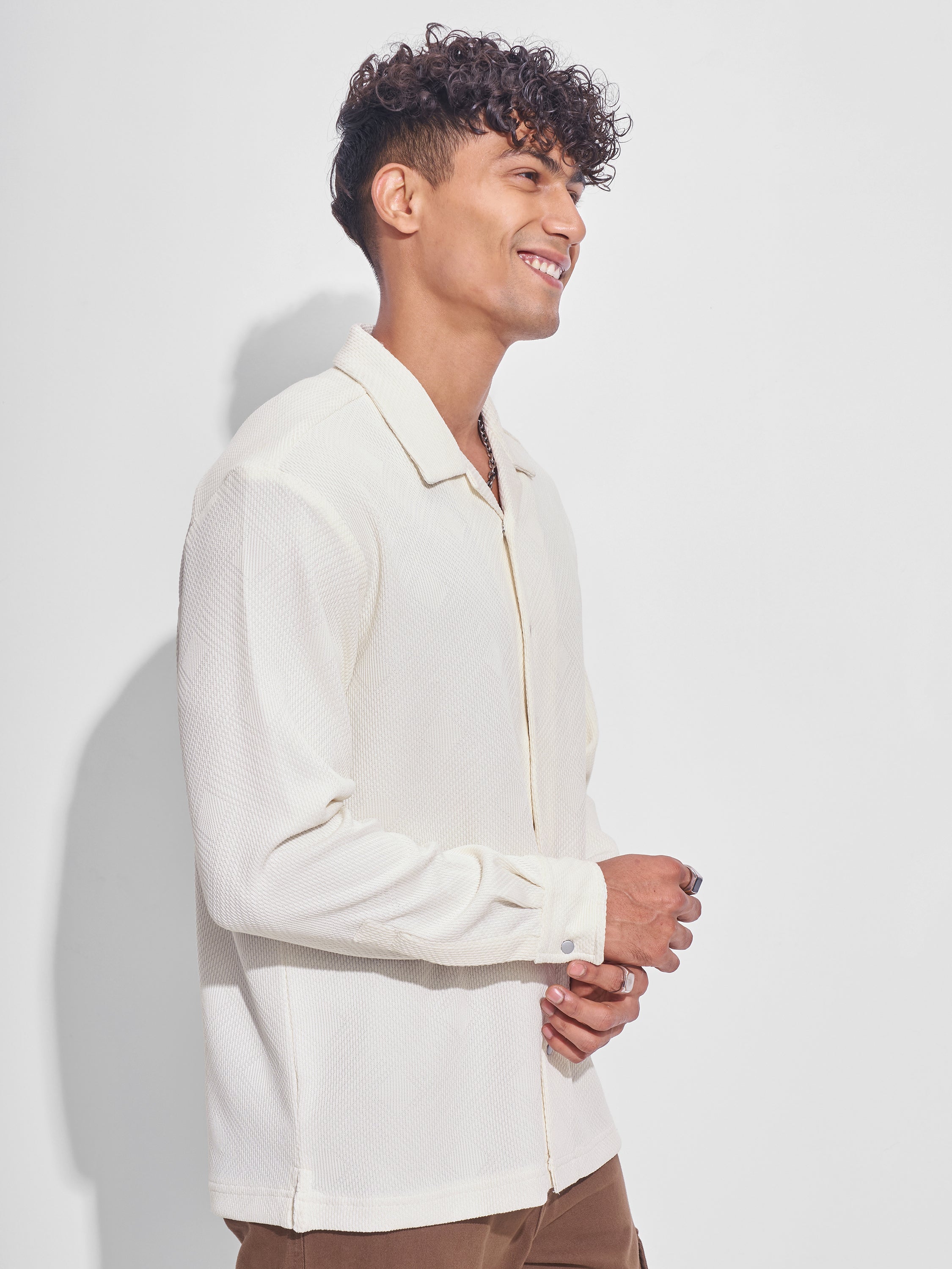 Highlander Men Cream Self Design Oversized Fit Casual Shirt - Cream - Image 6