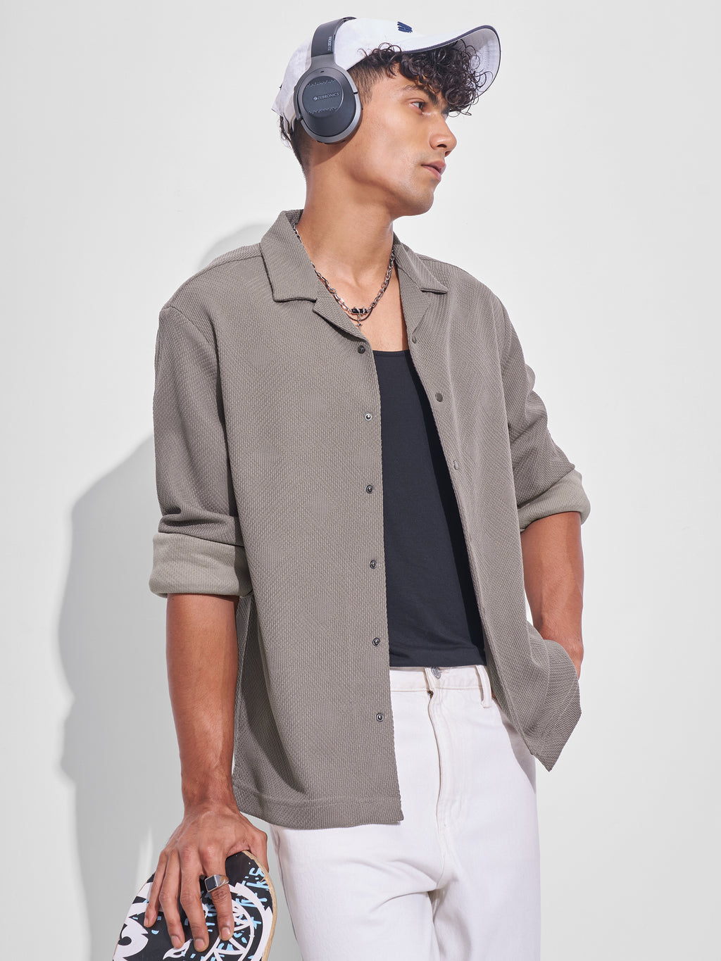 Highlander Men Grey Self Design Oversized Fit Casual Shirt - Grey - Image 4