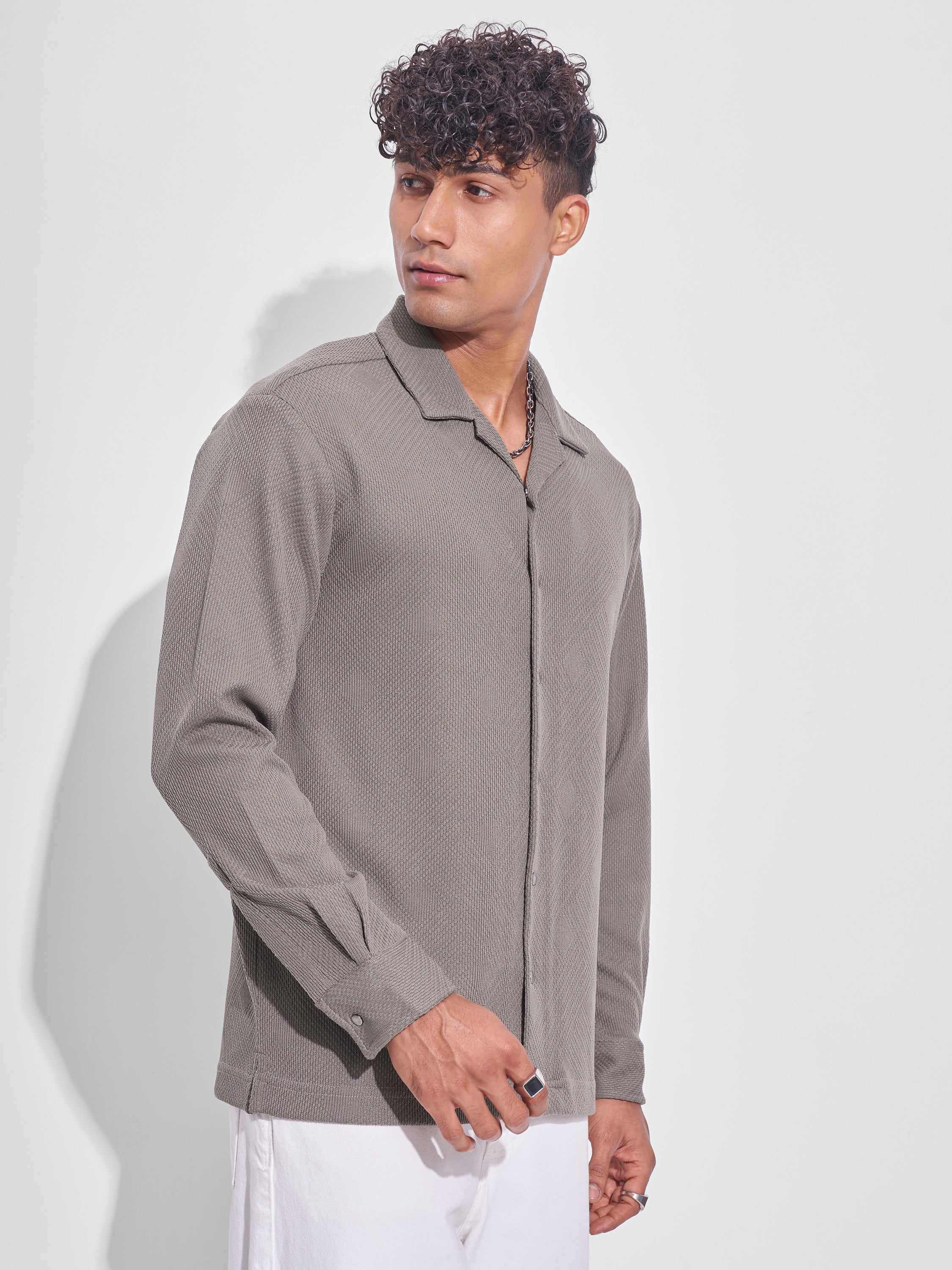 Highlander Men Grey Self Design Oversized Fit Casual Shirt - Grey - Image 6
