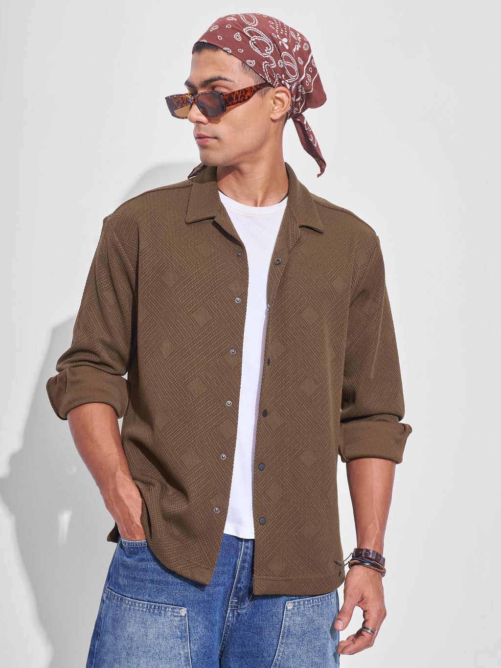 Highlander Men Khaki Self Design Oversized Fit Casual Shirt - Khaki - Image 1