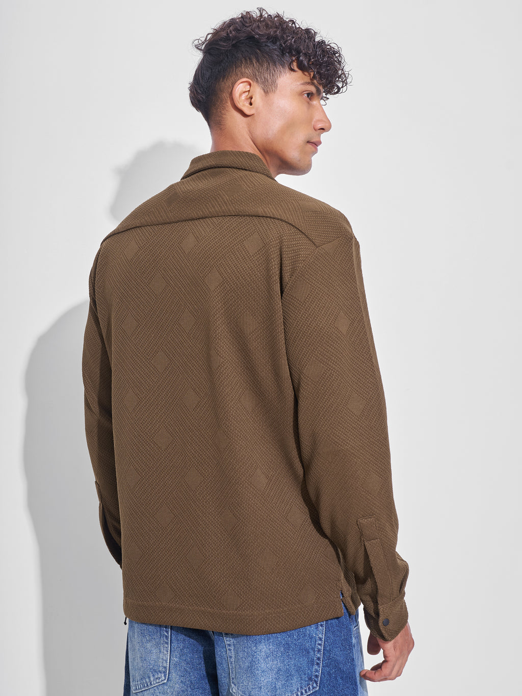 Highlander Men Khaki Self Design Oversized Fit Casual Shirt - Khaki - Image 3