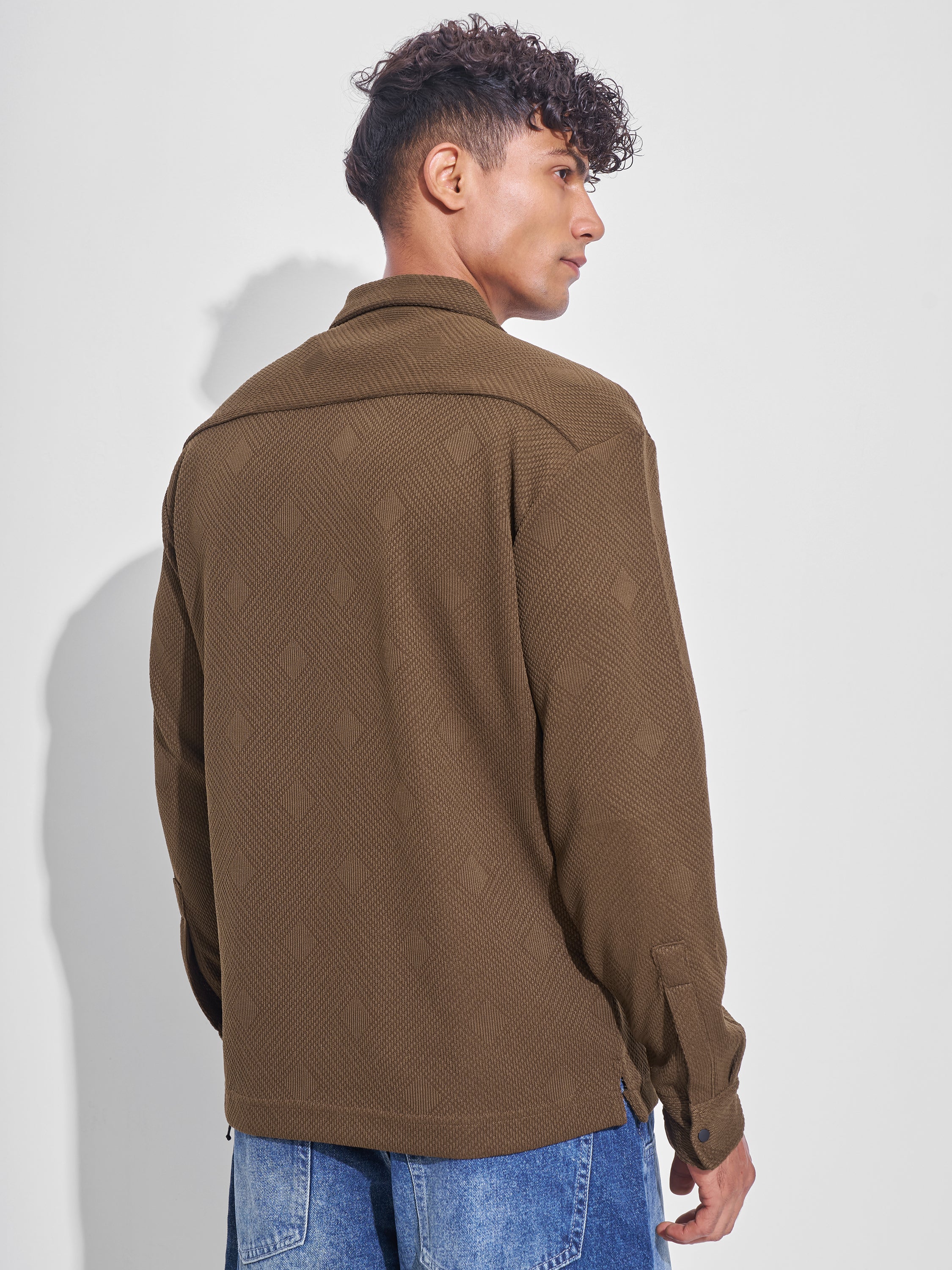 Highlander Men Khaki Self Design Oversized Fit Casual Shirt - Khaki - Image 3