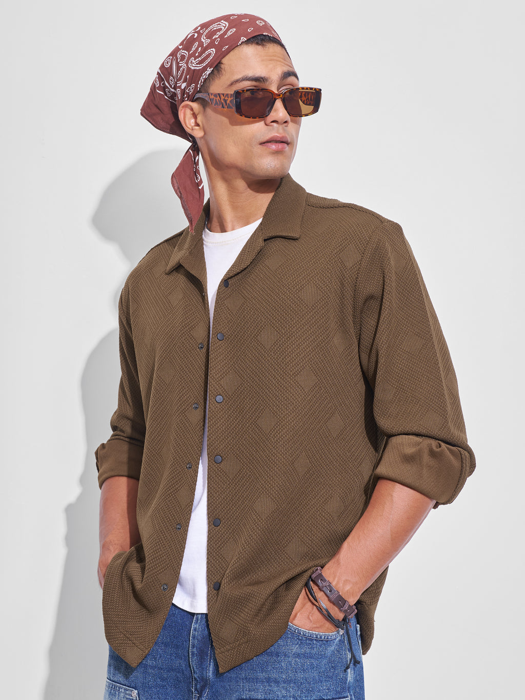 Highlander Men Khaki Self Design Oversized Fit Casual Shirt - Khaki - Image 4