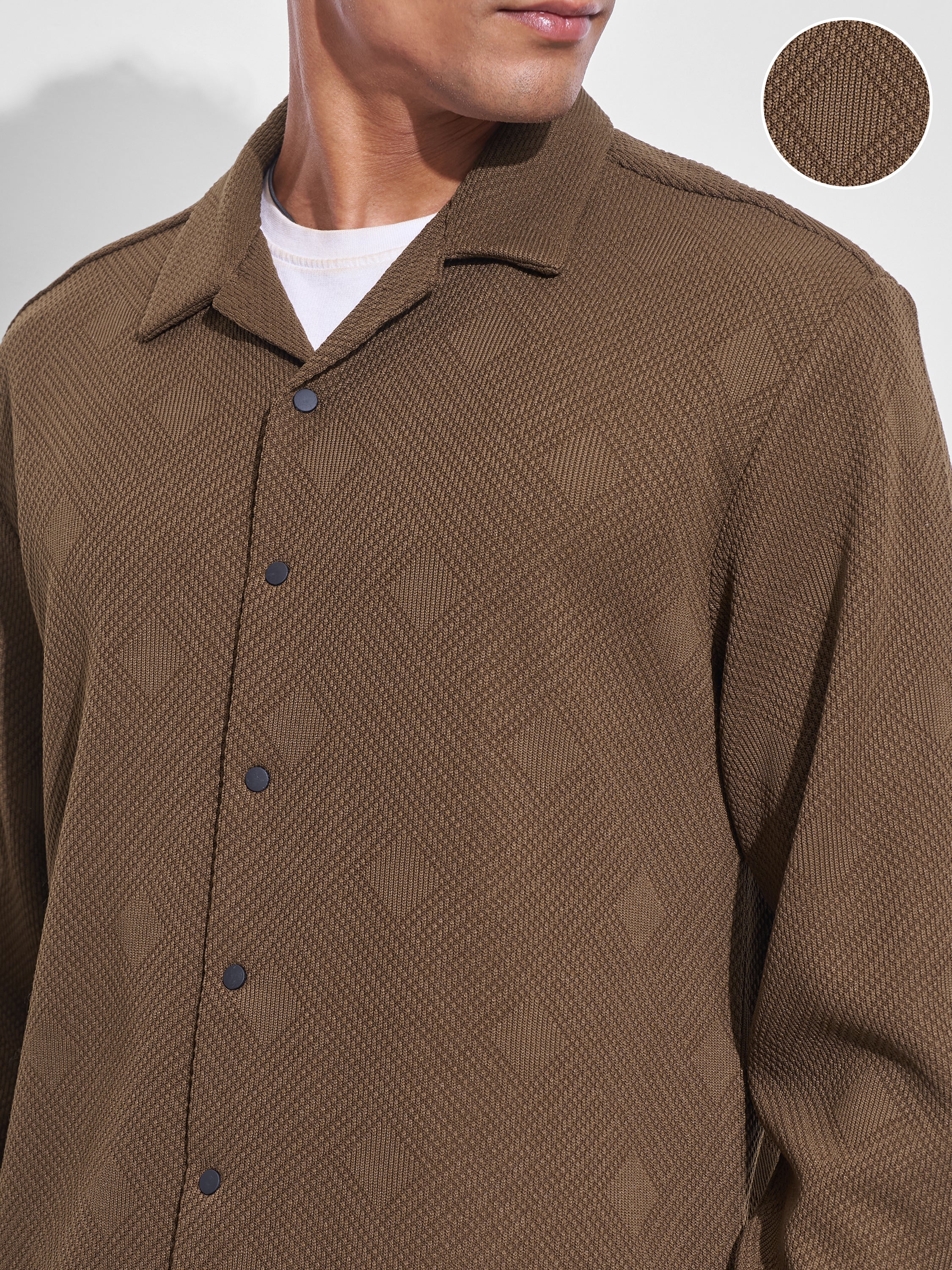 Highlander Men Khaki Self Design Oversized Fit Casual Shirt - Khaki - Image 5