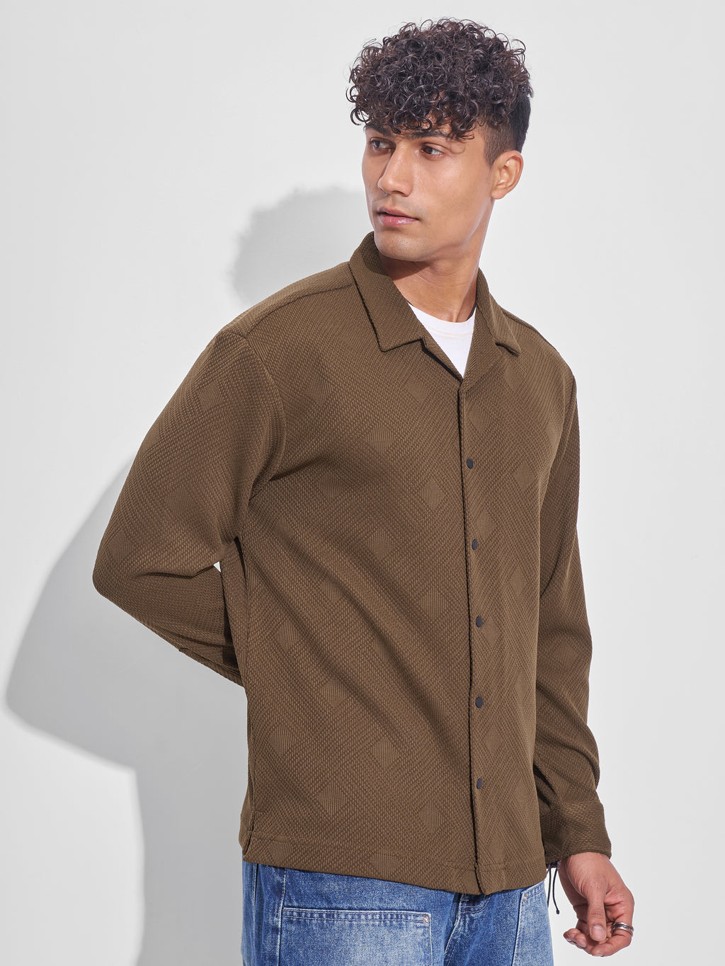 Highlander Men Khaki Self Design Oversized Fit Casual Shirt - Khaki - Image 6