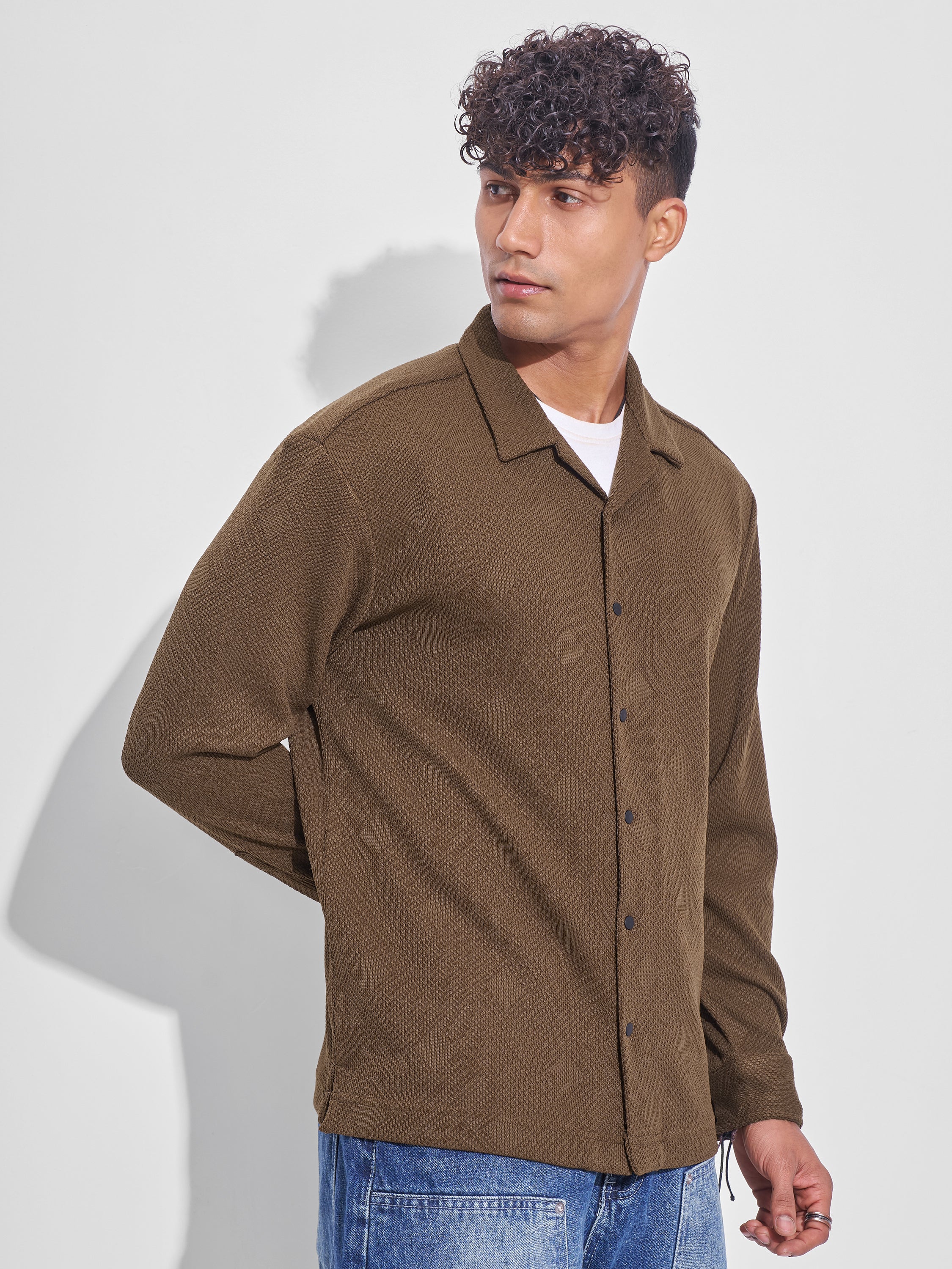 Highlander Men Khaki Self Design Oversized Fit Casual Shirt - Khaki - Image 6