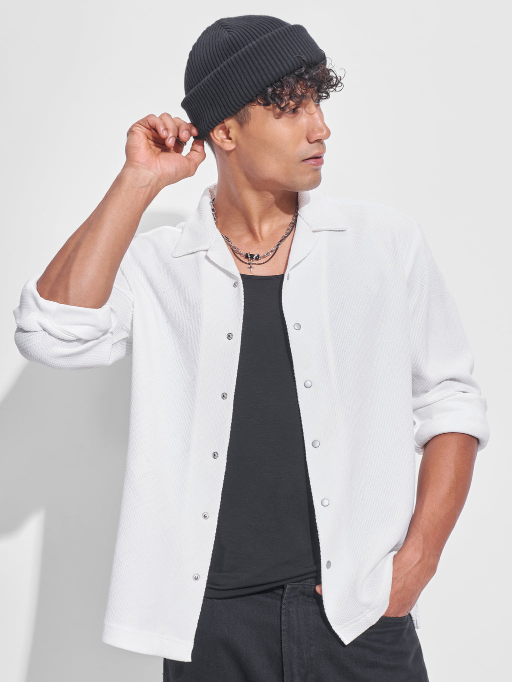 Highlander Men White Self Design Oversized Fit Casual Shirt - White - Image 1