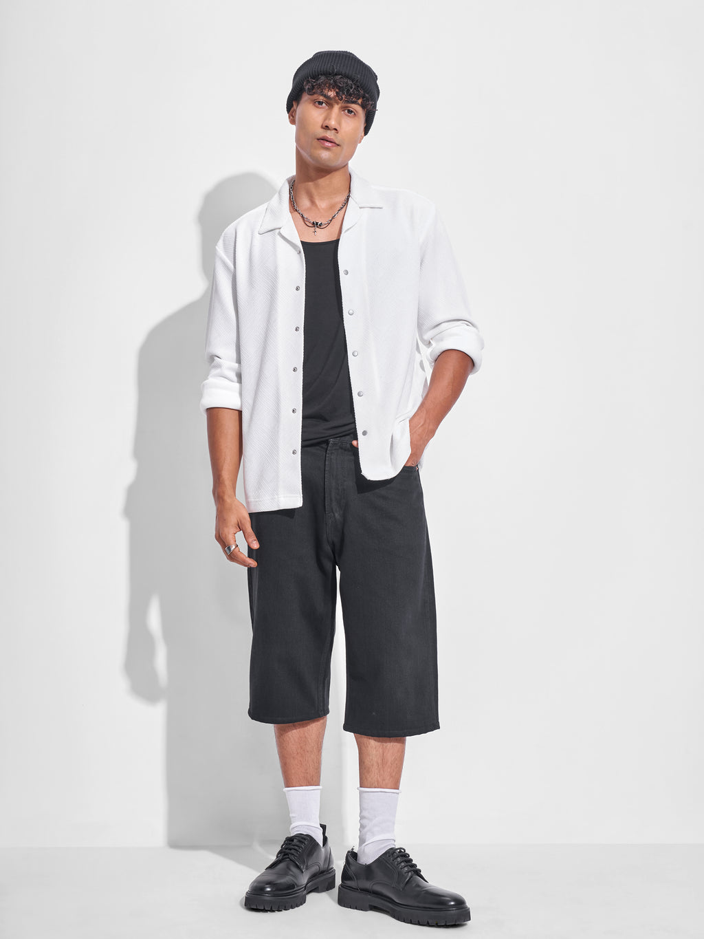 Highlander Men White Self Design Oversized Fit Casual Shirt - White - Image 2