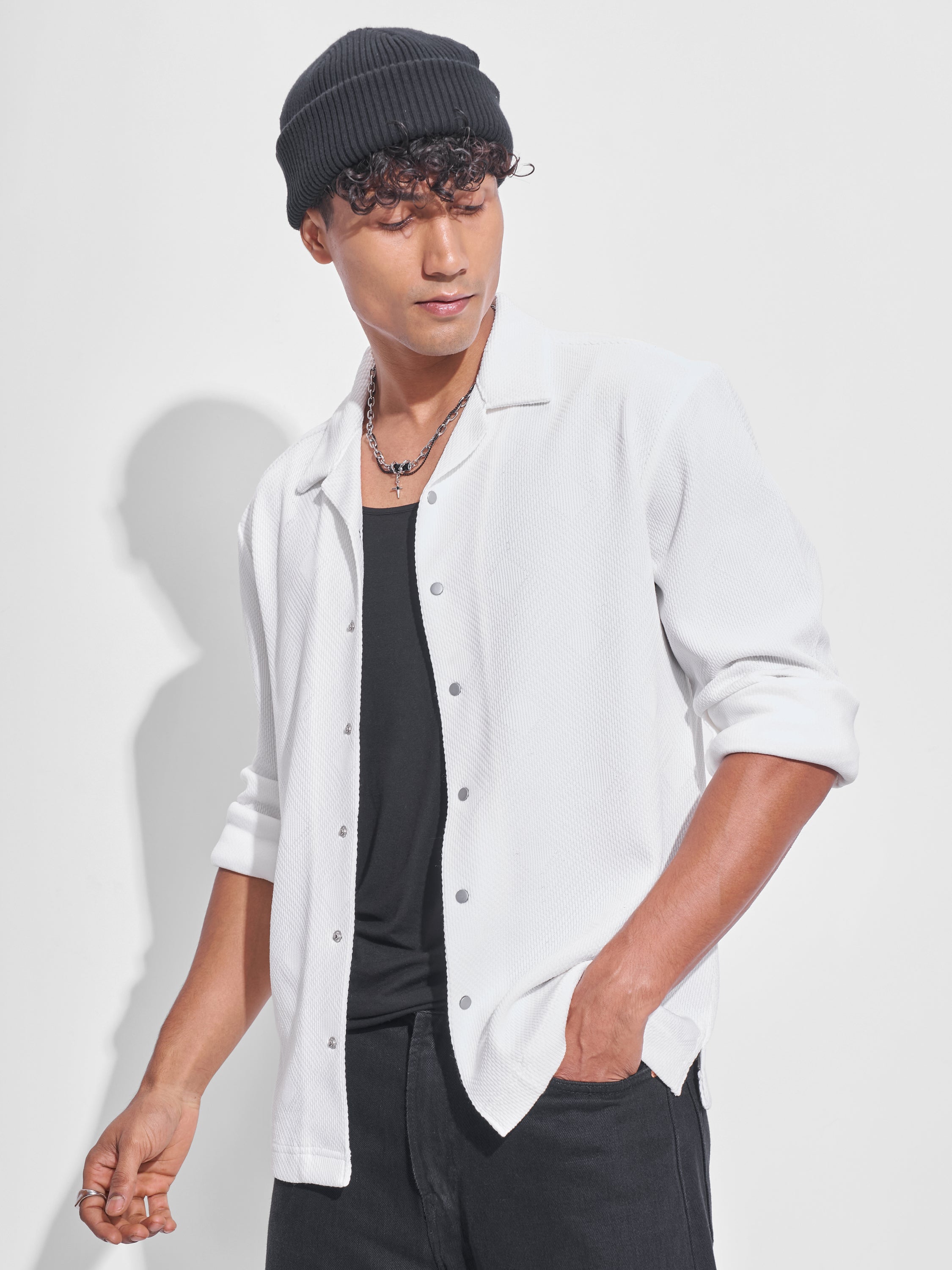 Highlander Men White Self Design Oversized Fit Casual Shirt - White - Image 4