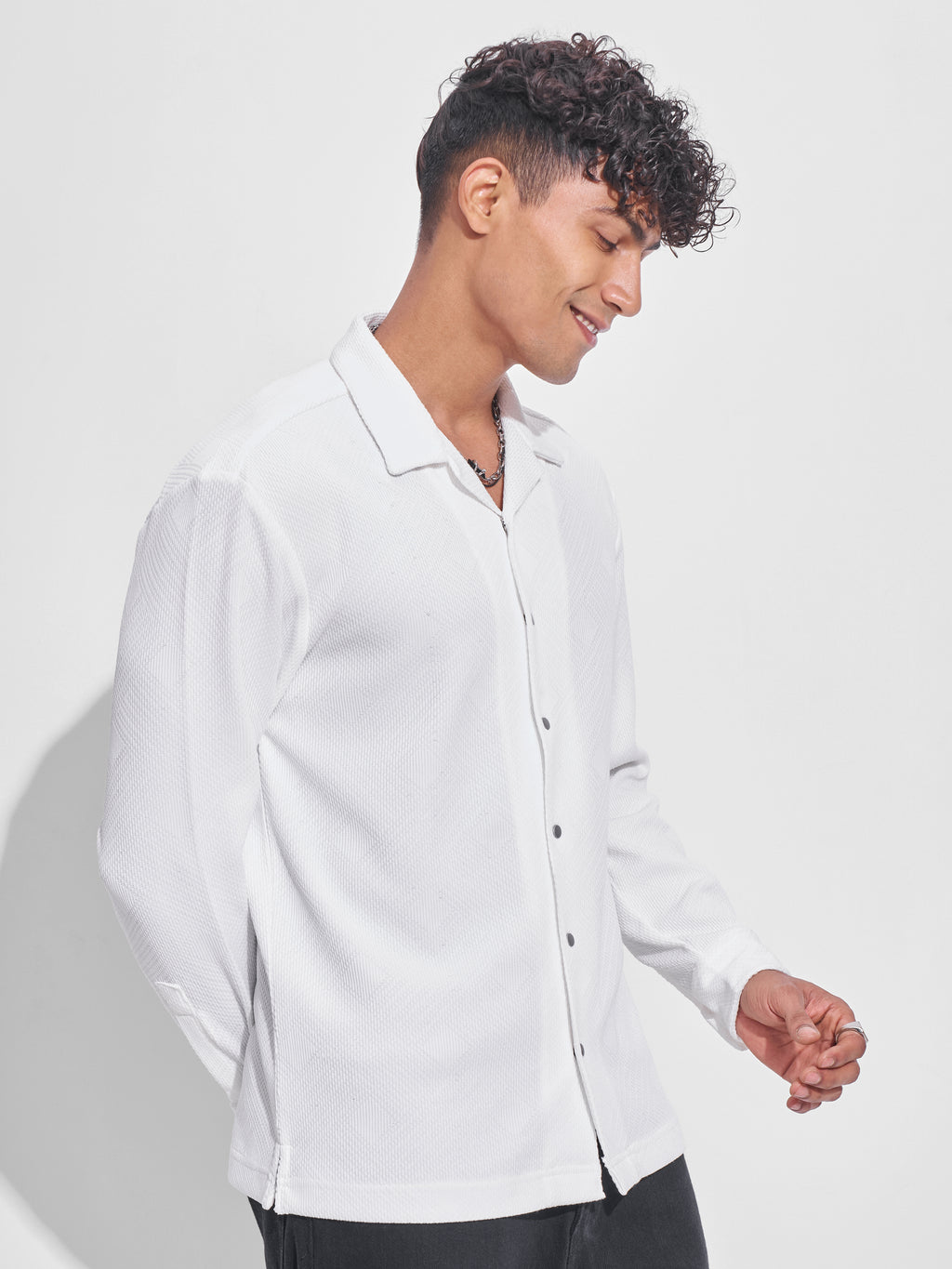 Highlander Men White Self Design Oversized Fit Casual Shirt - White - Image 6