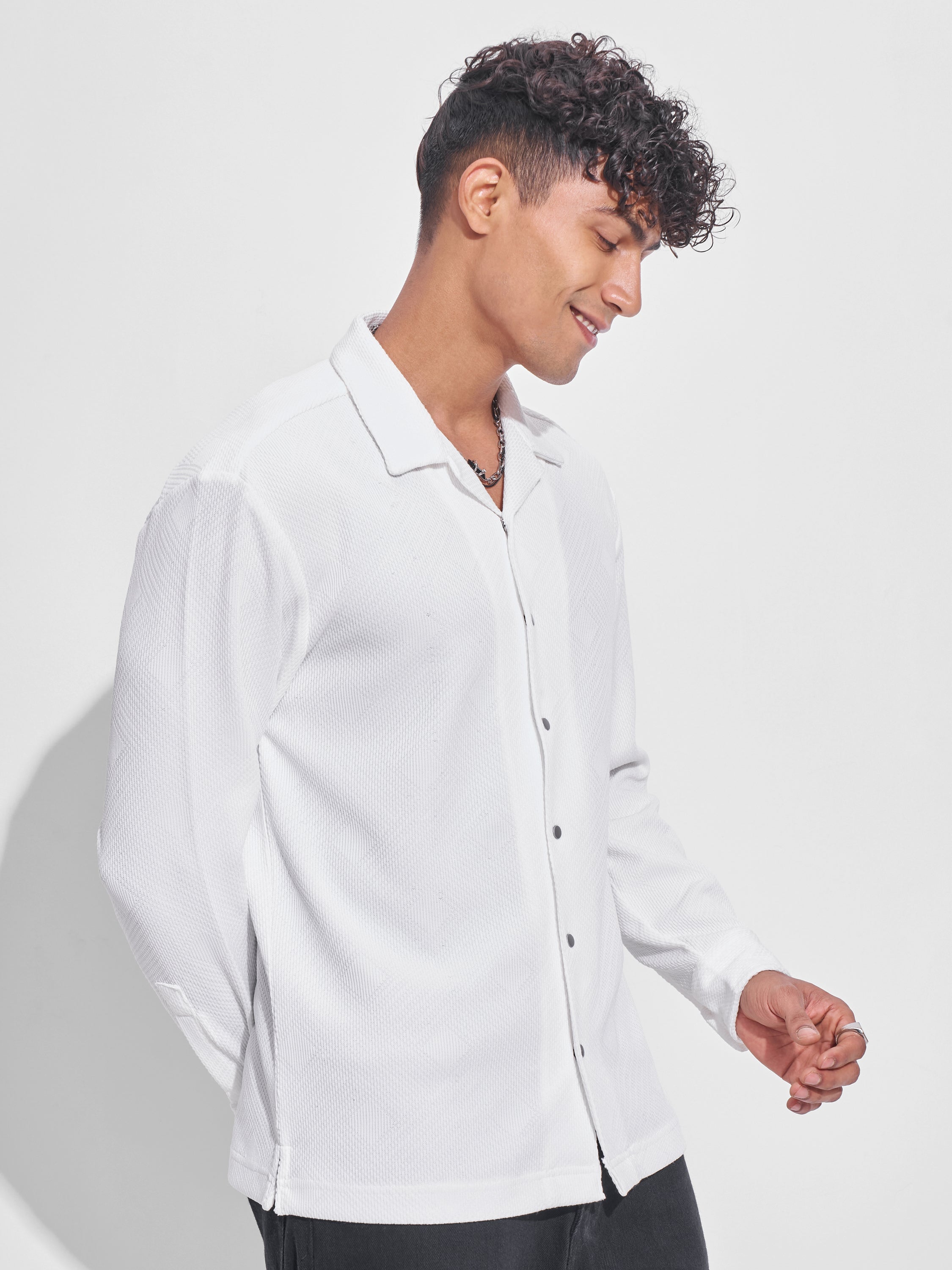 Highlander Men White Self Design Oversized Fit Casual Shirt - White - Image 6