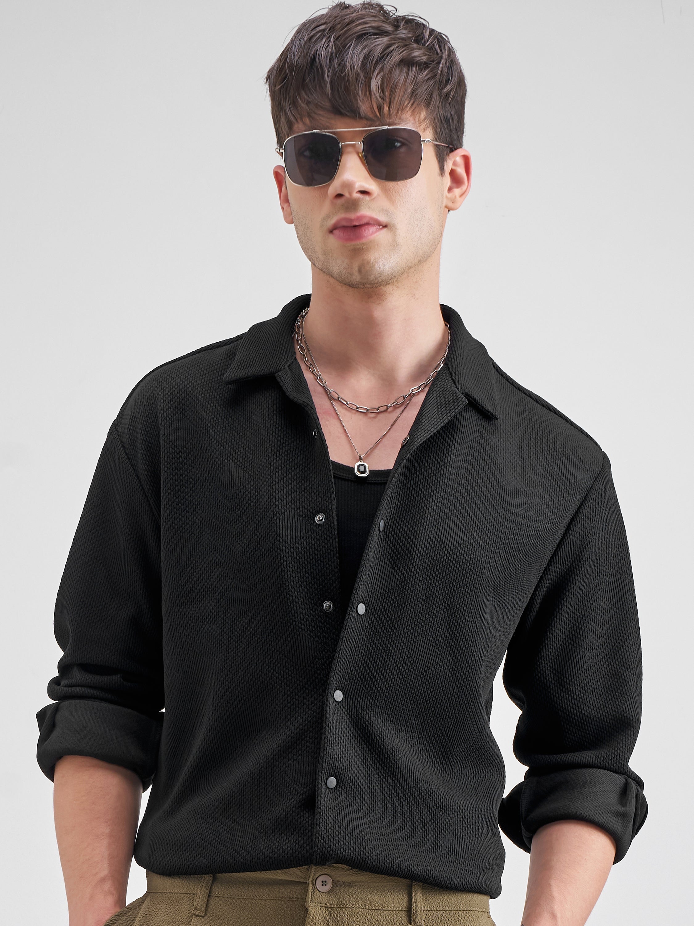 Highlander Men Black Self Design Relaxed Fit Casual Shirt - Black - Image 1