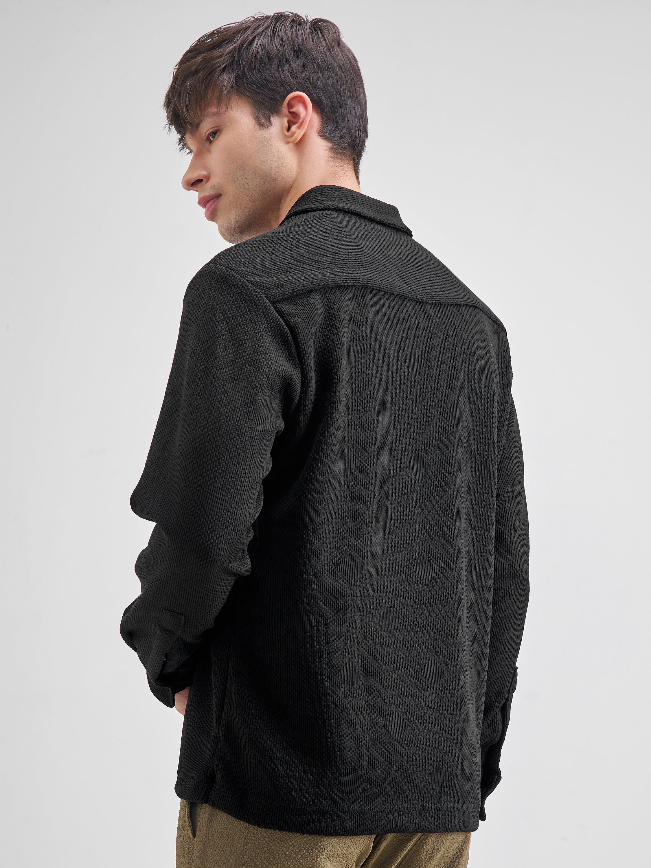 Highlander Men Black Self Design Relaxed Fit Casual Shirt - Black - Image 3