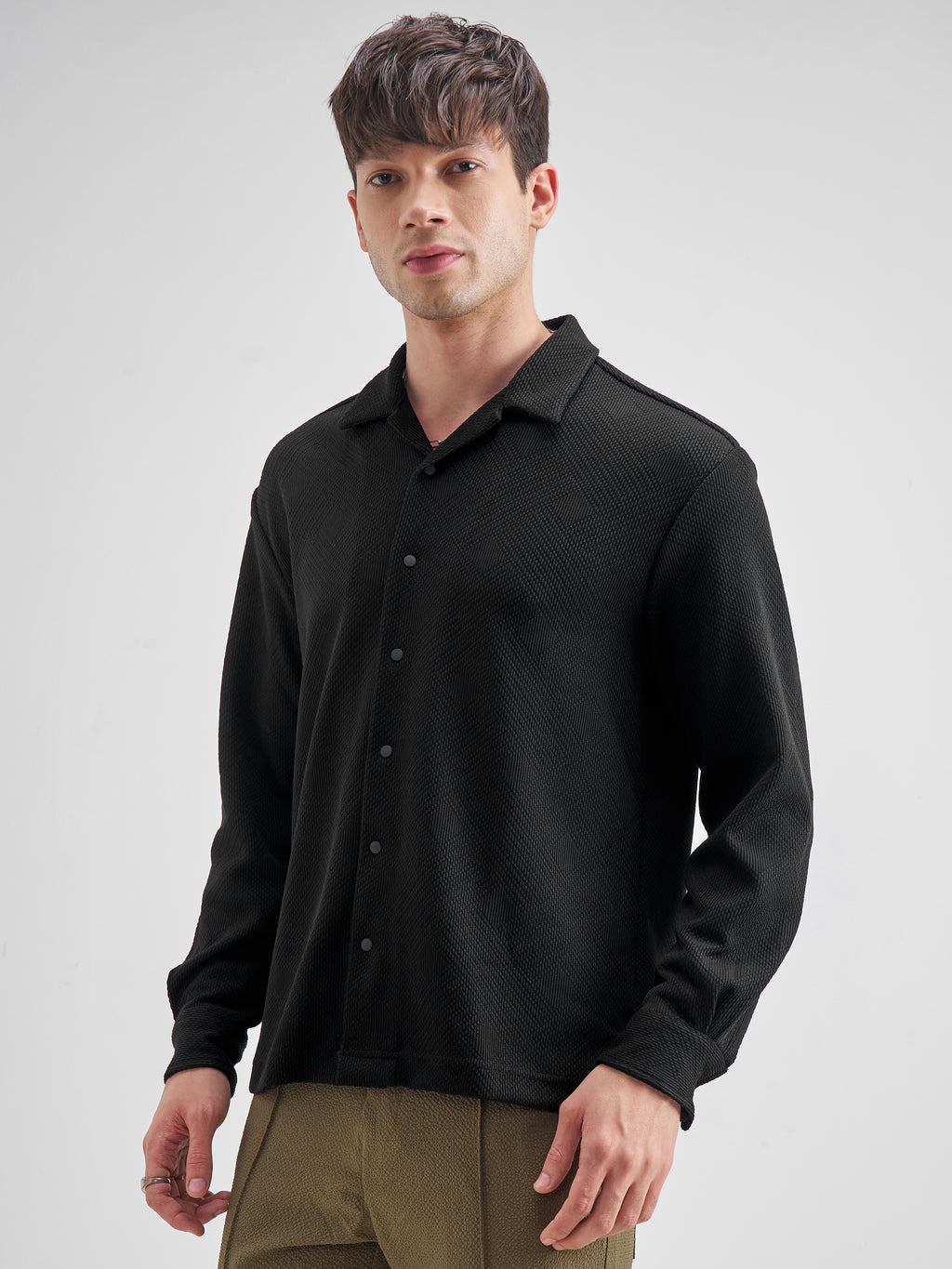 Highlander Men Black Self Design Relaxed Fit Casual Shirt - Black - Image 4