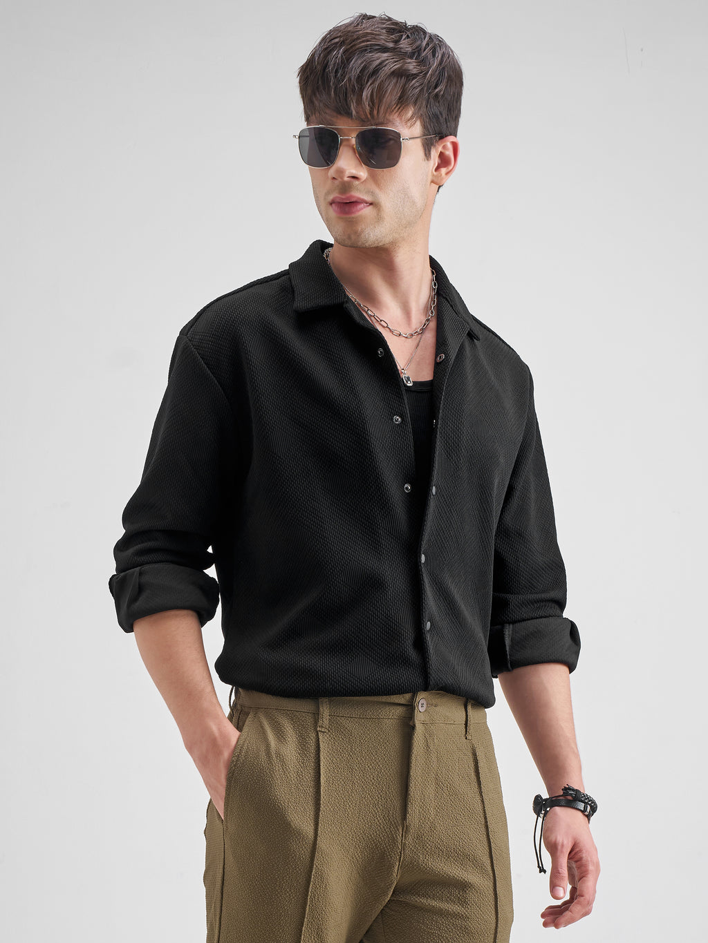 Highlander Men Black Self Design Relaxed Fit Casual Shirt - Black - Image 6