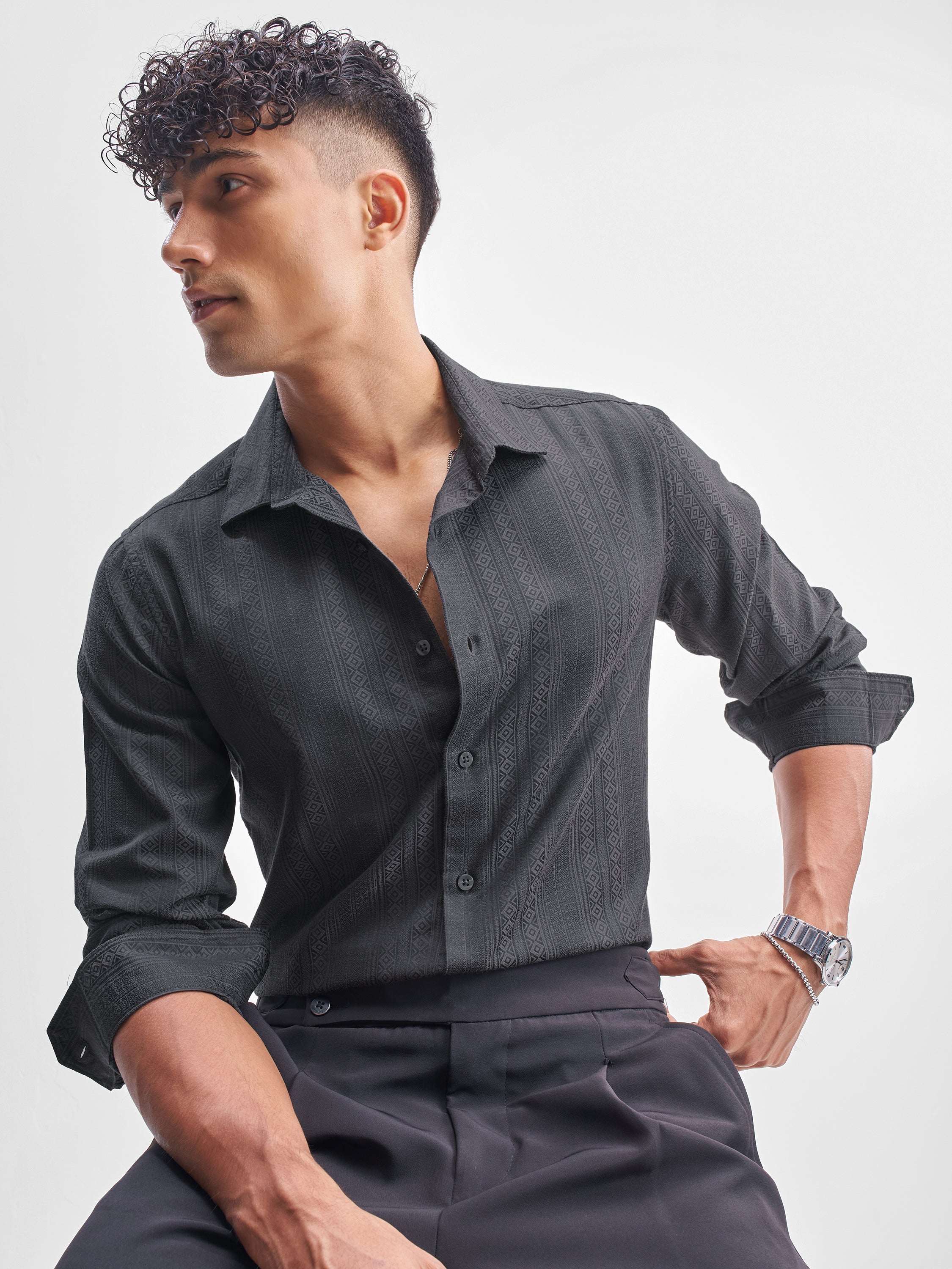 Highlander Men Grey Self Design Slim Fit Casual Shirt - Grey - Image 1