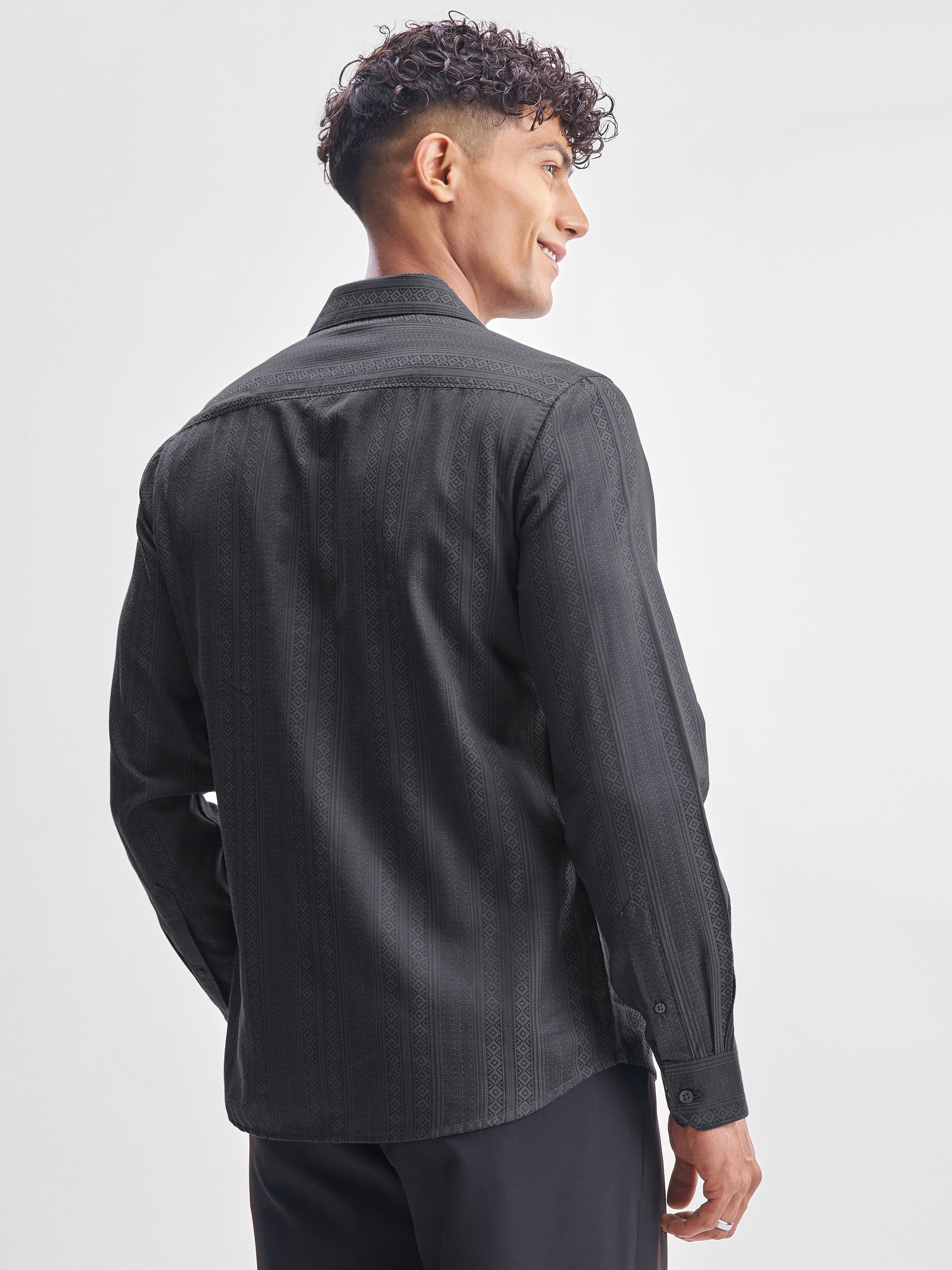 Highlander Men Grey Self Design Slim Fit Casual Shirt - Grey - Image 3