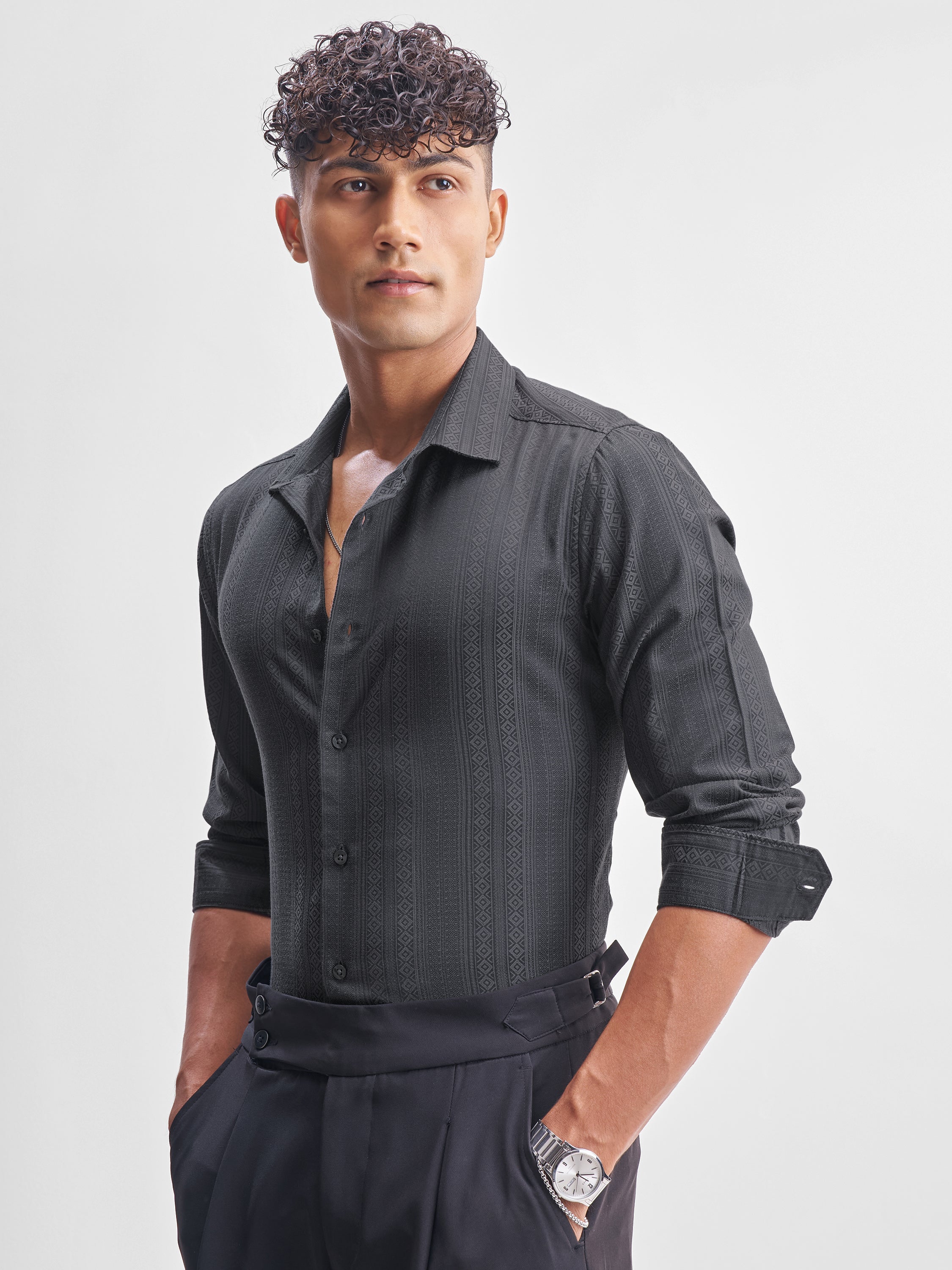 Highlander Men Grey Self Design Slim Fit Casual Shirt - Grey - Image 4