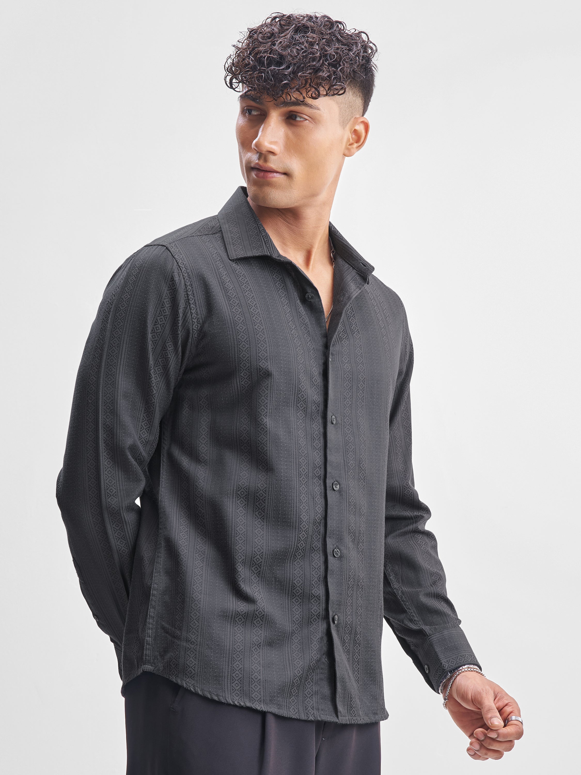 Highlander Men Grey Self Design Slim Fit Casual Shirt - Grey - Image 6