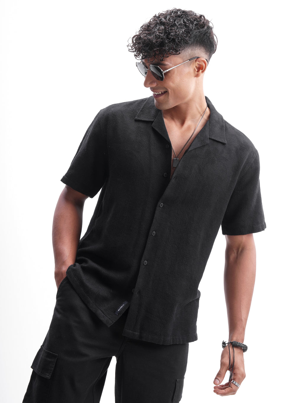 Highlander Men Black Self Design Relaxed Fit Casual Shirt - Black - Image 1