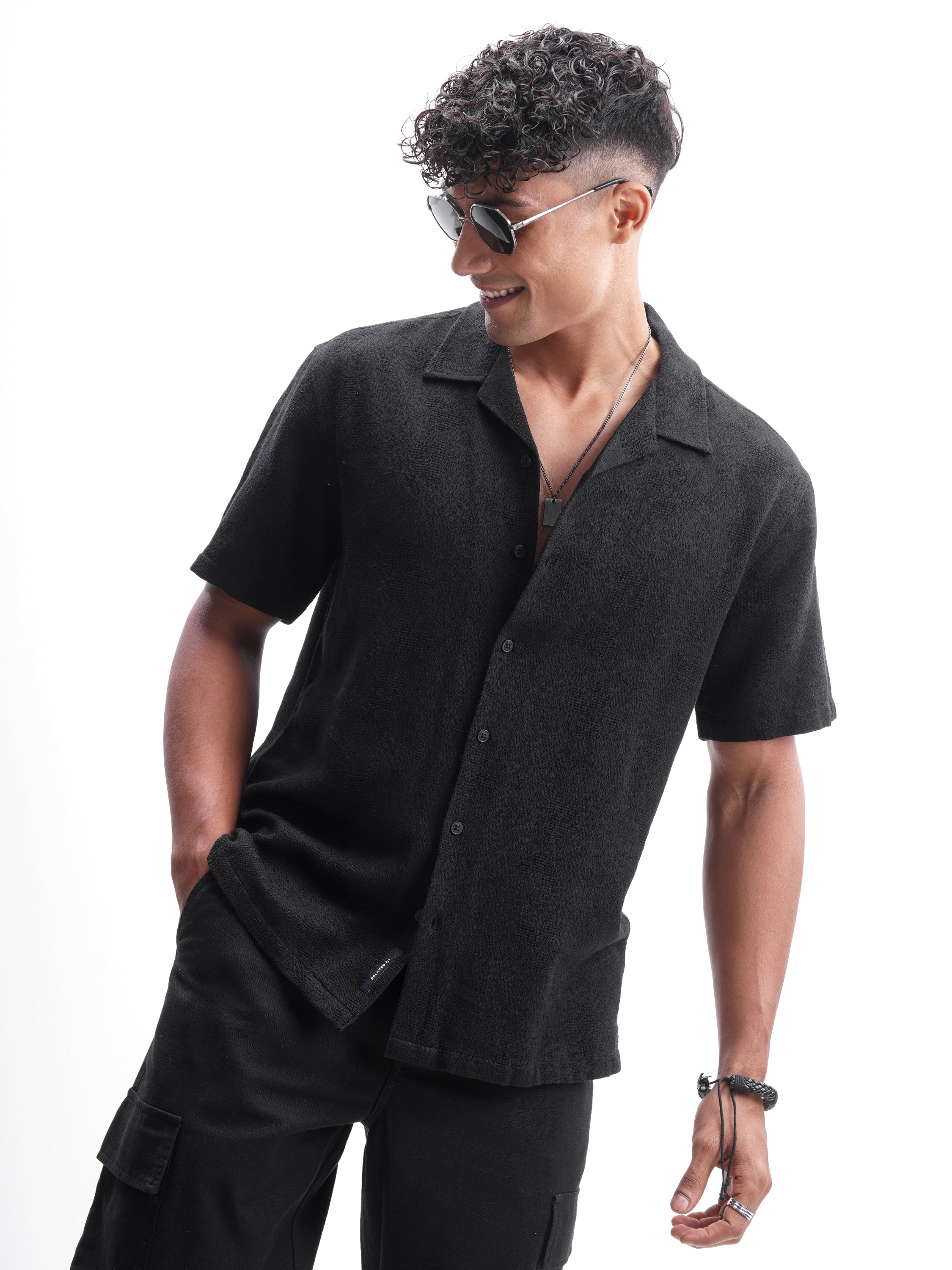 Highlander Men Black Self Design Relaxed Fit Casual Shirt - Black - Image 1