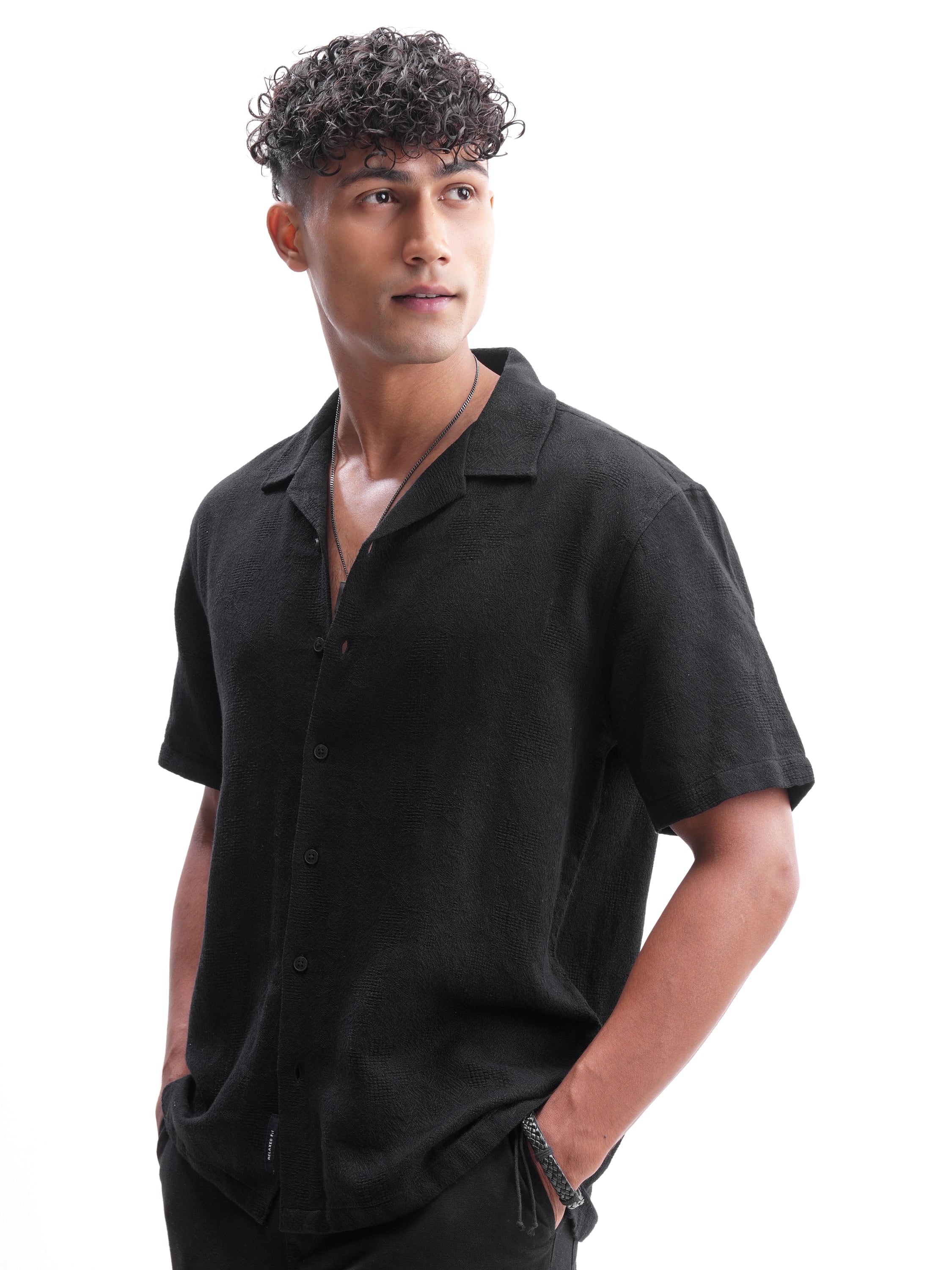 Highlander Men Black Self Design Relaxed Fit Casual Shirt - Black - Image 4