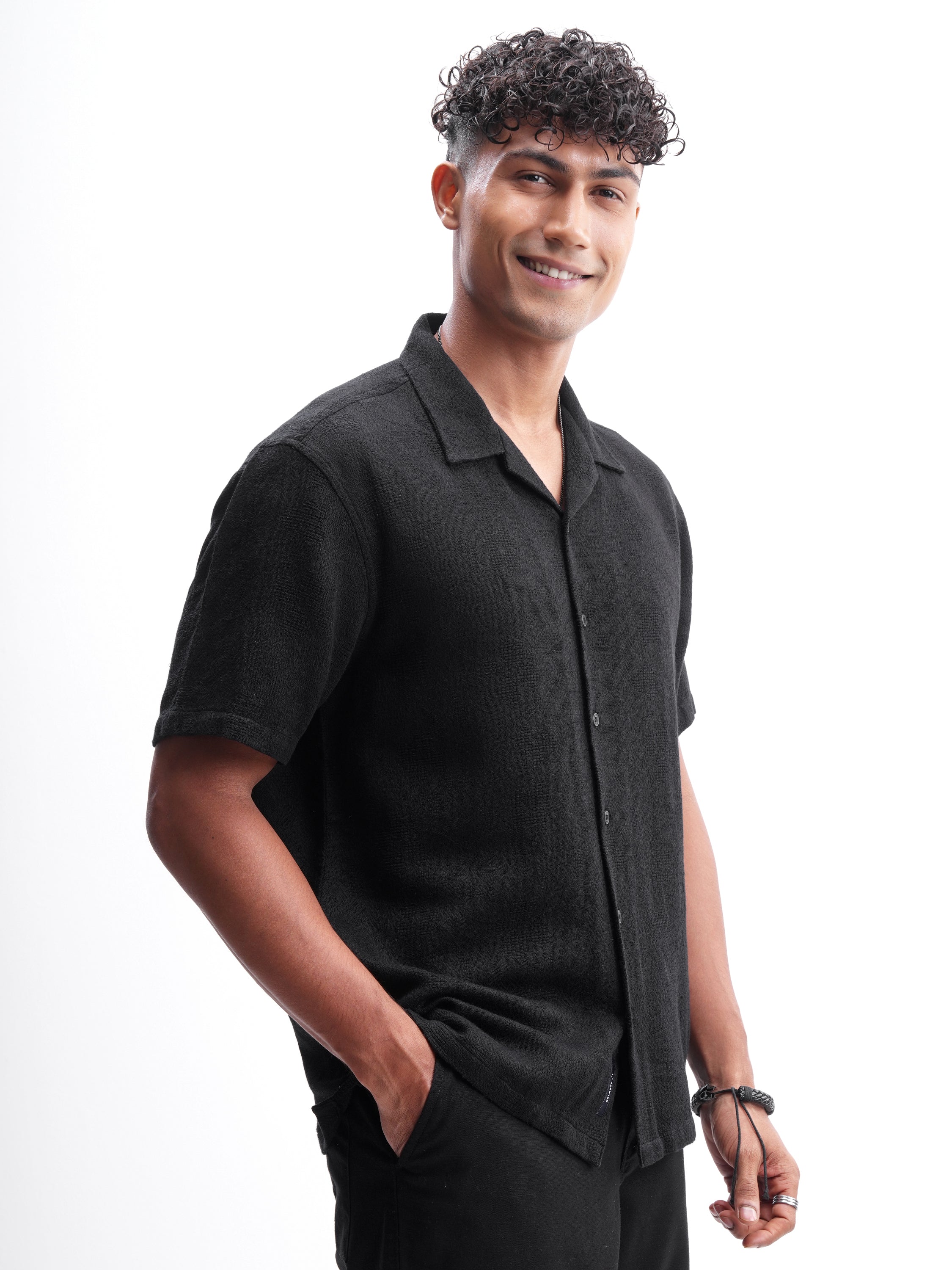 Highlander Men Black Self Design Relaxed Fit Casual Shirt - Black - Image 6