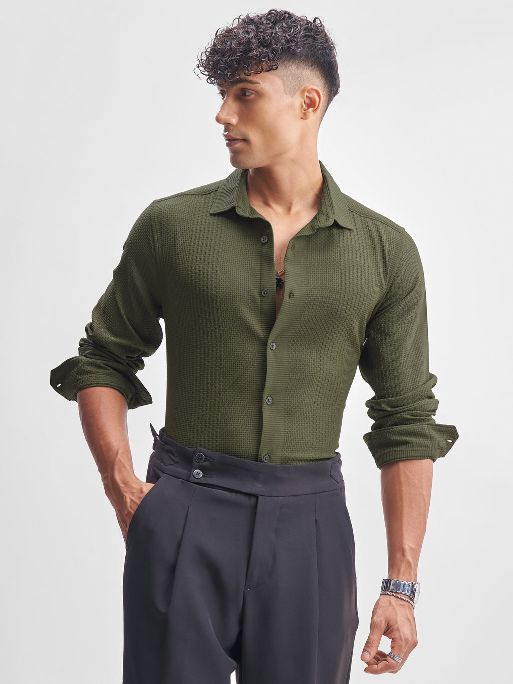 Highlander Men Olive Self Design Slim Fit Casual Shirt - Olive - Image 1