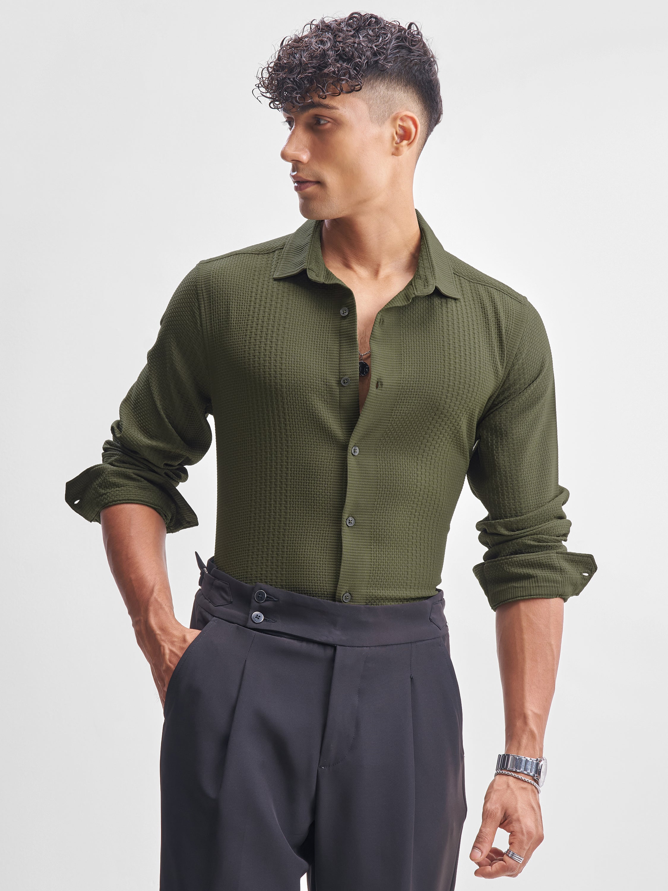 Highlander Men Olive Self Design Slim Fit Casual Shirt - Olive - Image 1